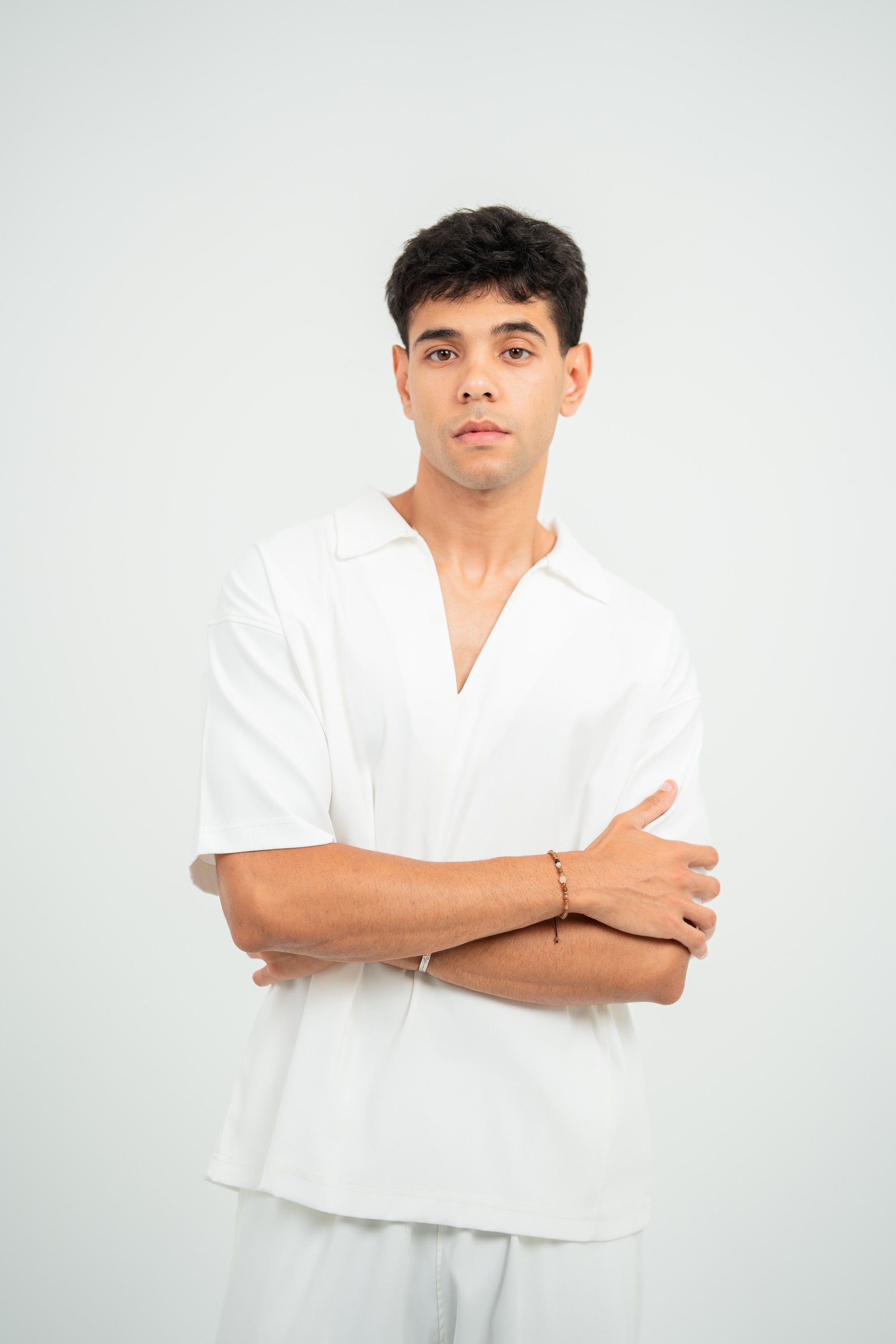 Satin Boxy Fit V-Neck Polo — White Gloss — Men