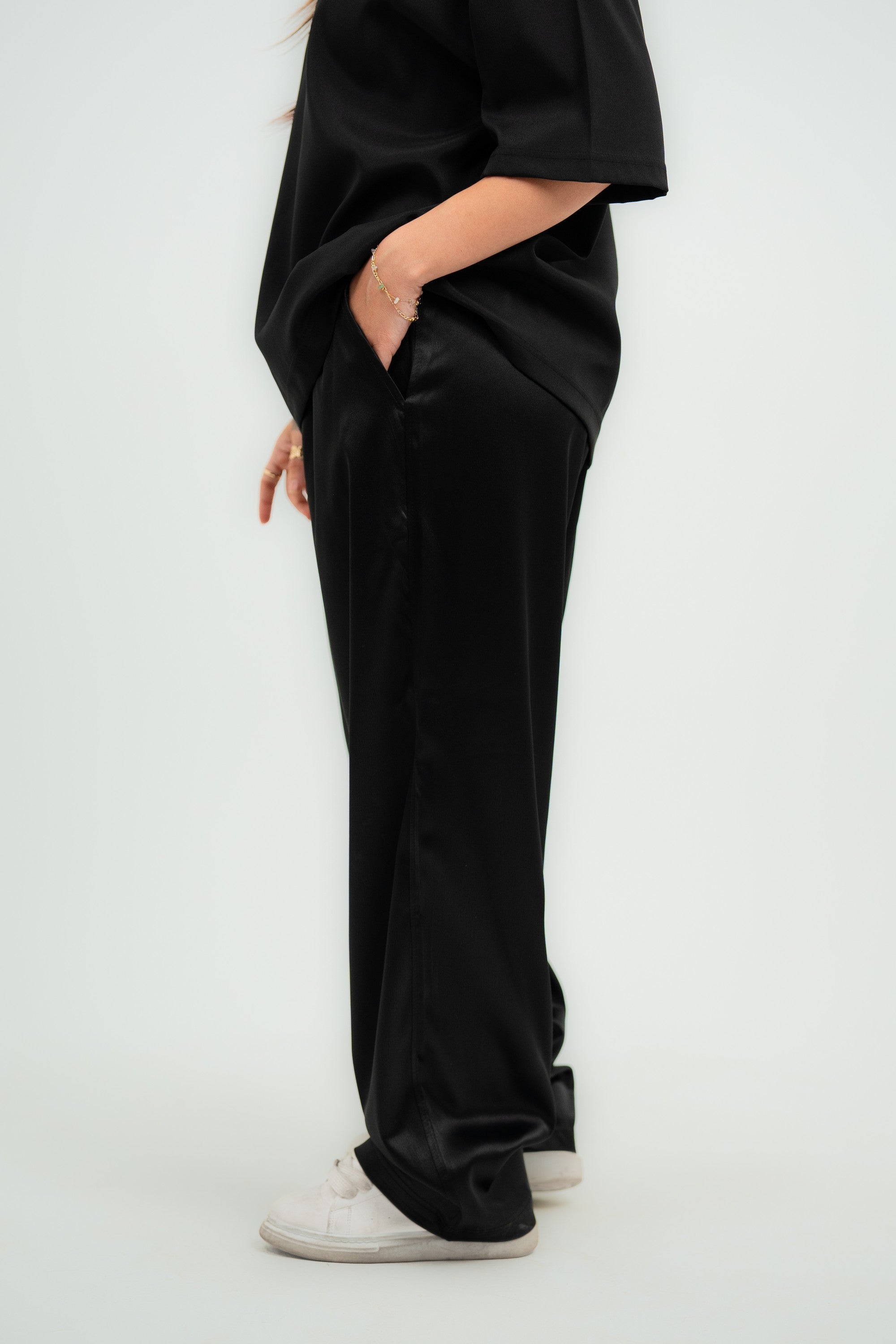 Carrera Baggy Satin Pants — Black Gloss — Women