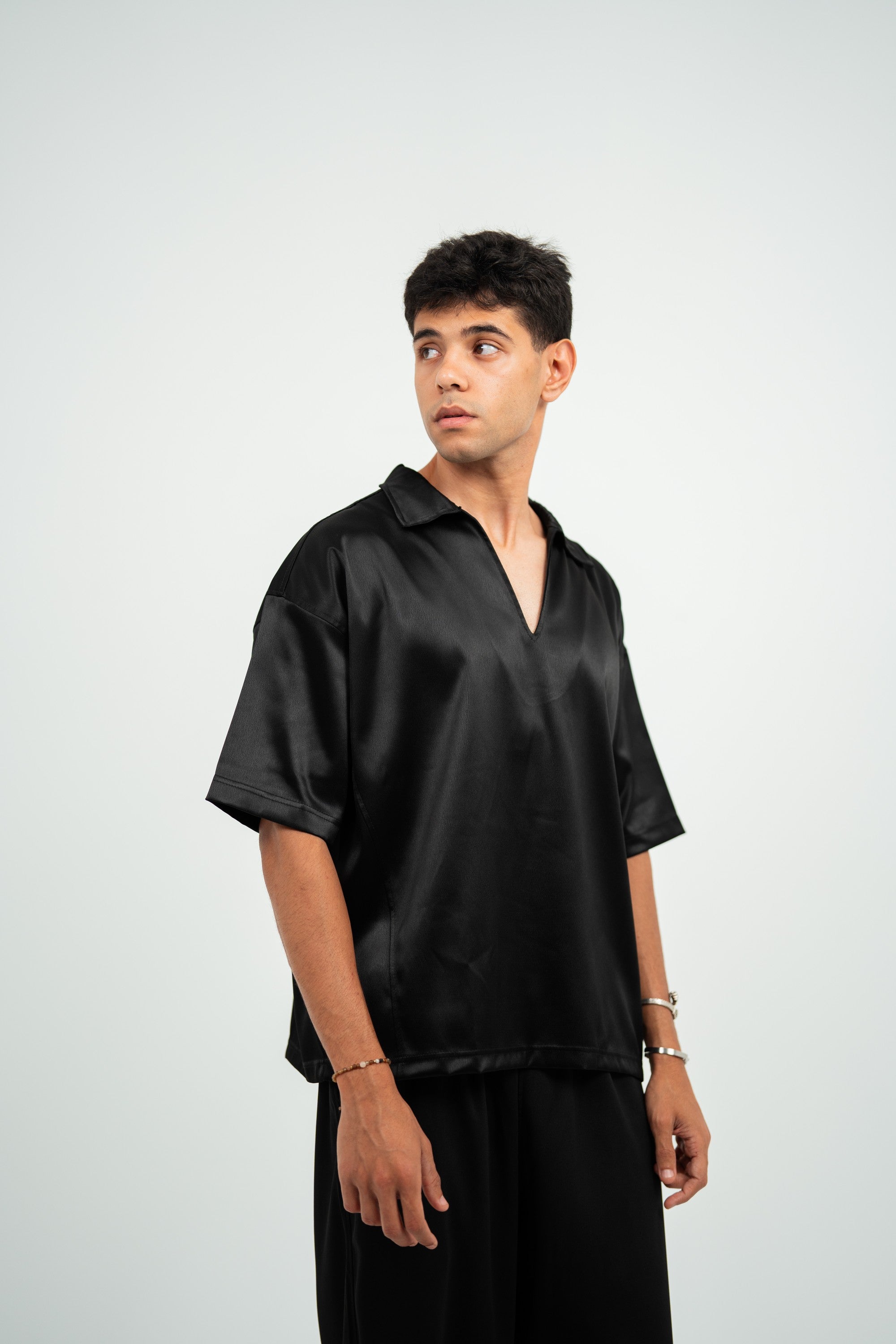 Satin Boxy Fit V-Neck Polo — Black Gloss — Men