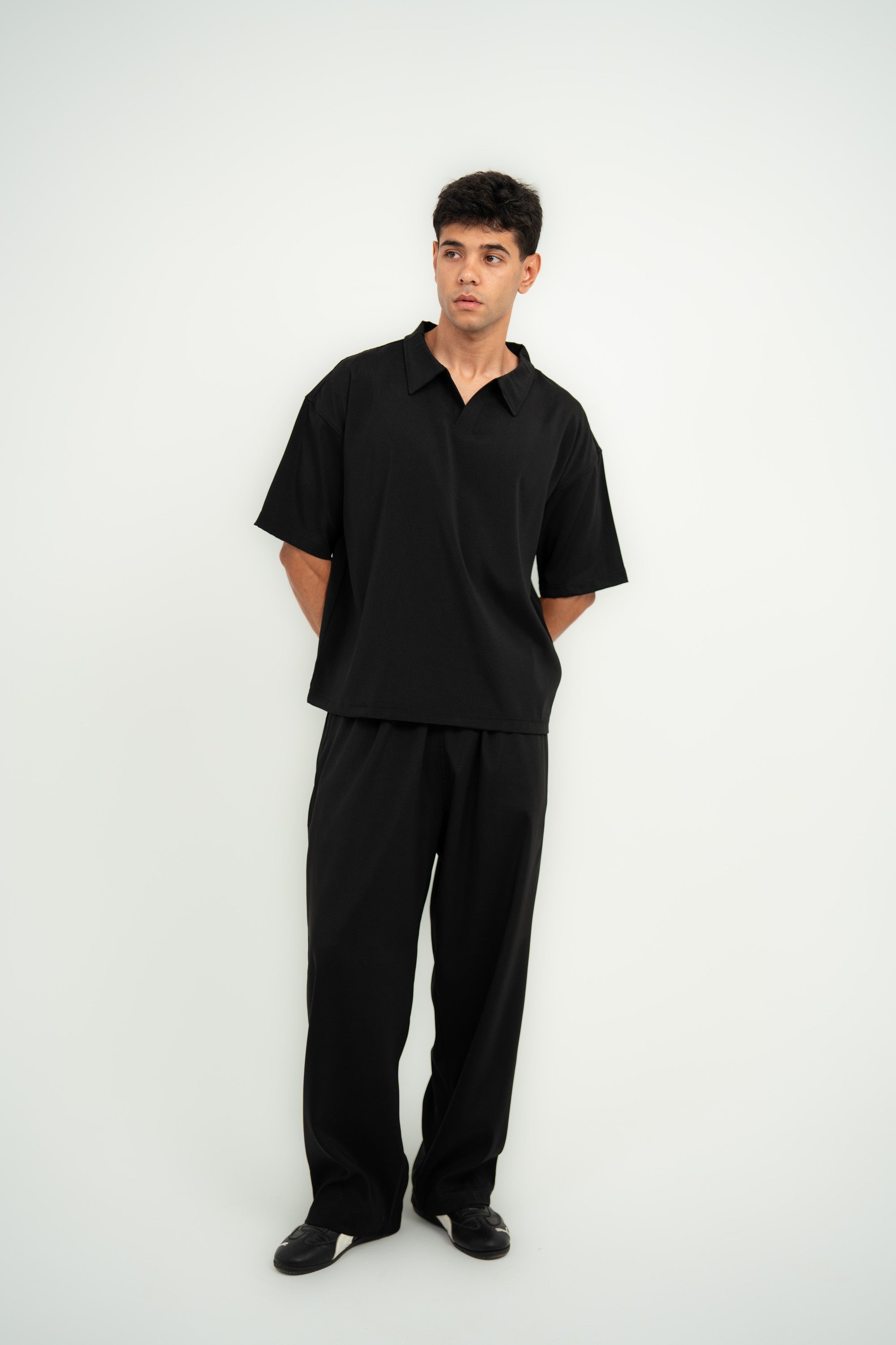 Satin Camp-Collar Polo — Black Semi — Men