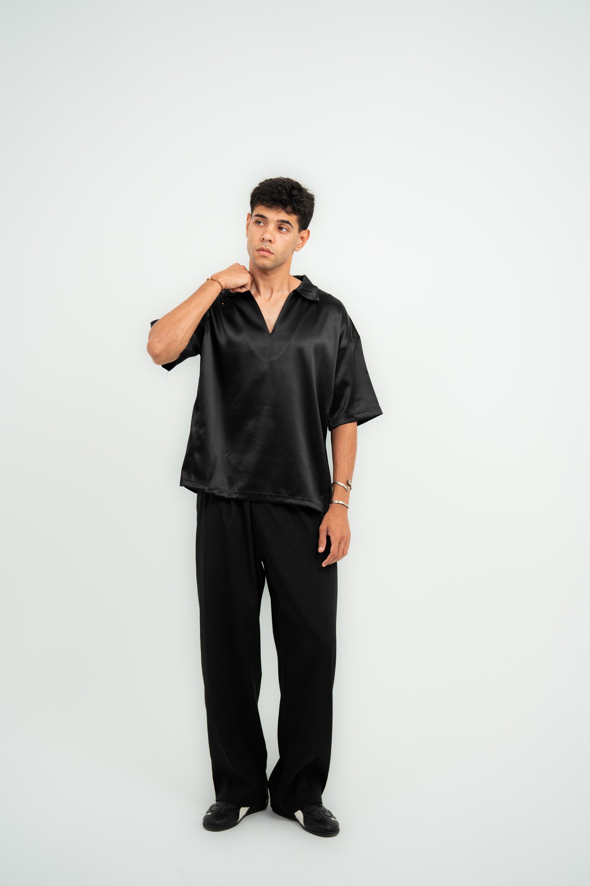 Satin Boxy Fit V-Neck Polo — Black Gloss — Men
