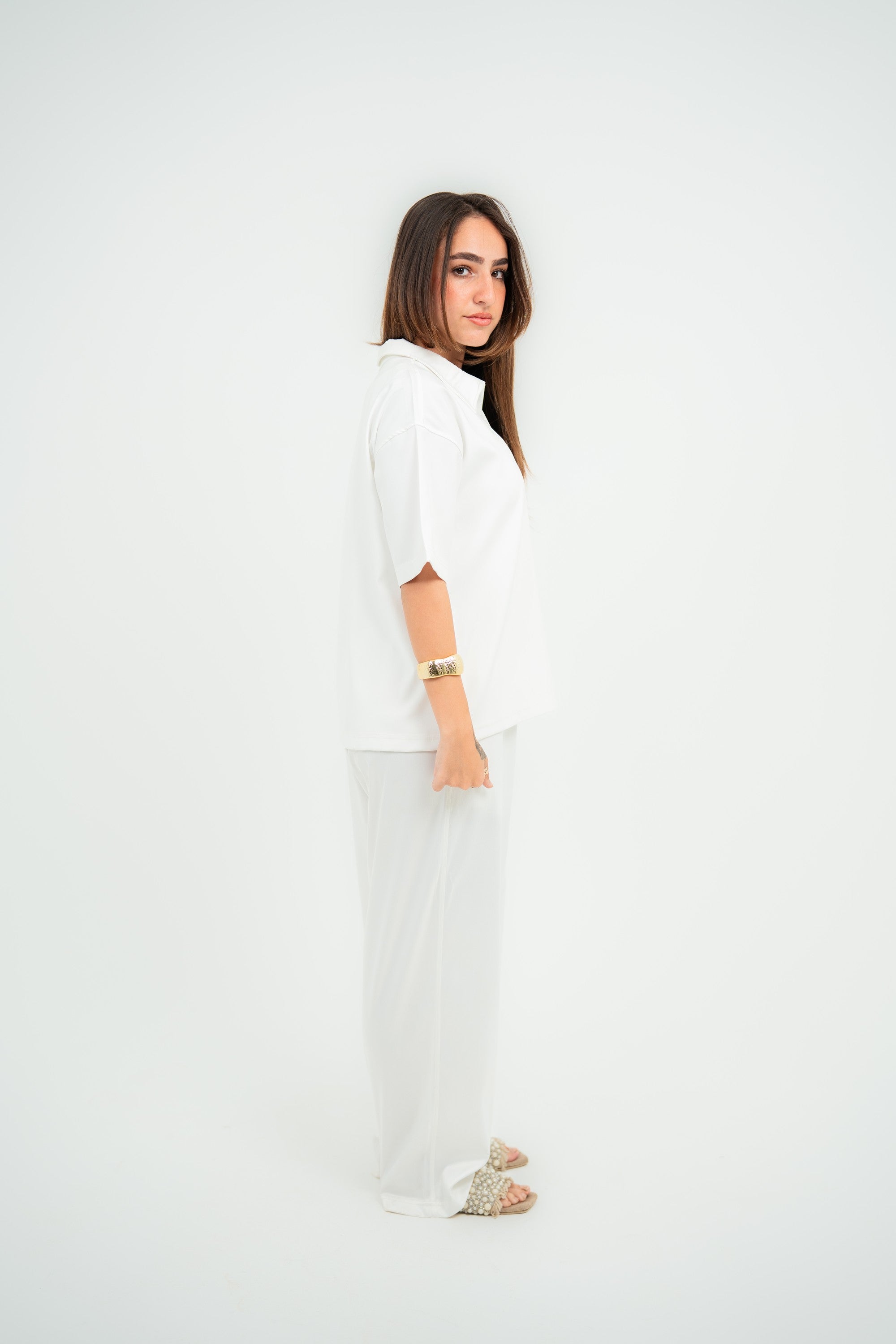 Satin Boxy Fit V-Neck Polo — White Gloss — Women