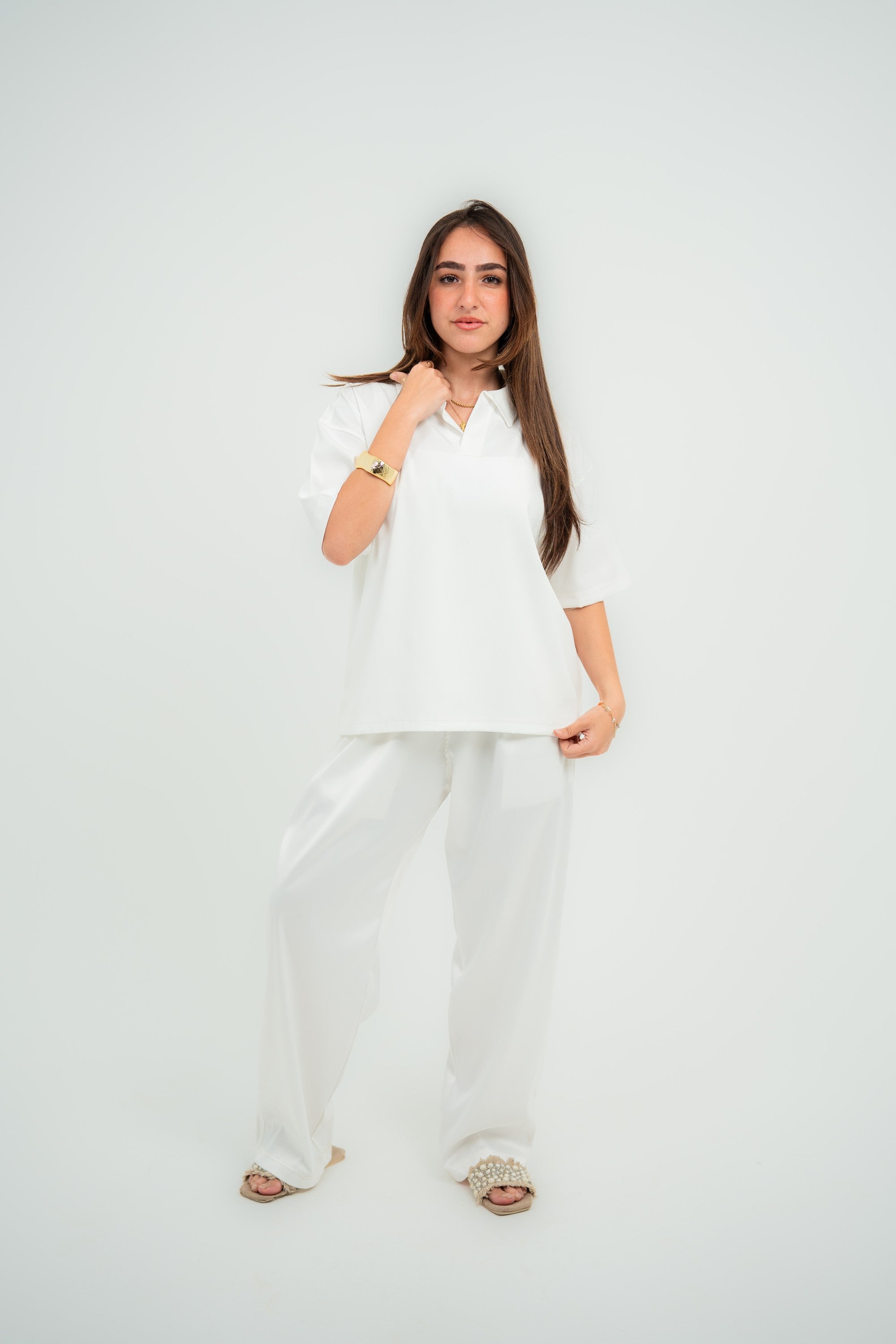 Satin Camp-Collar Polo — White Semi — Women
