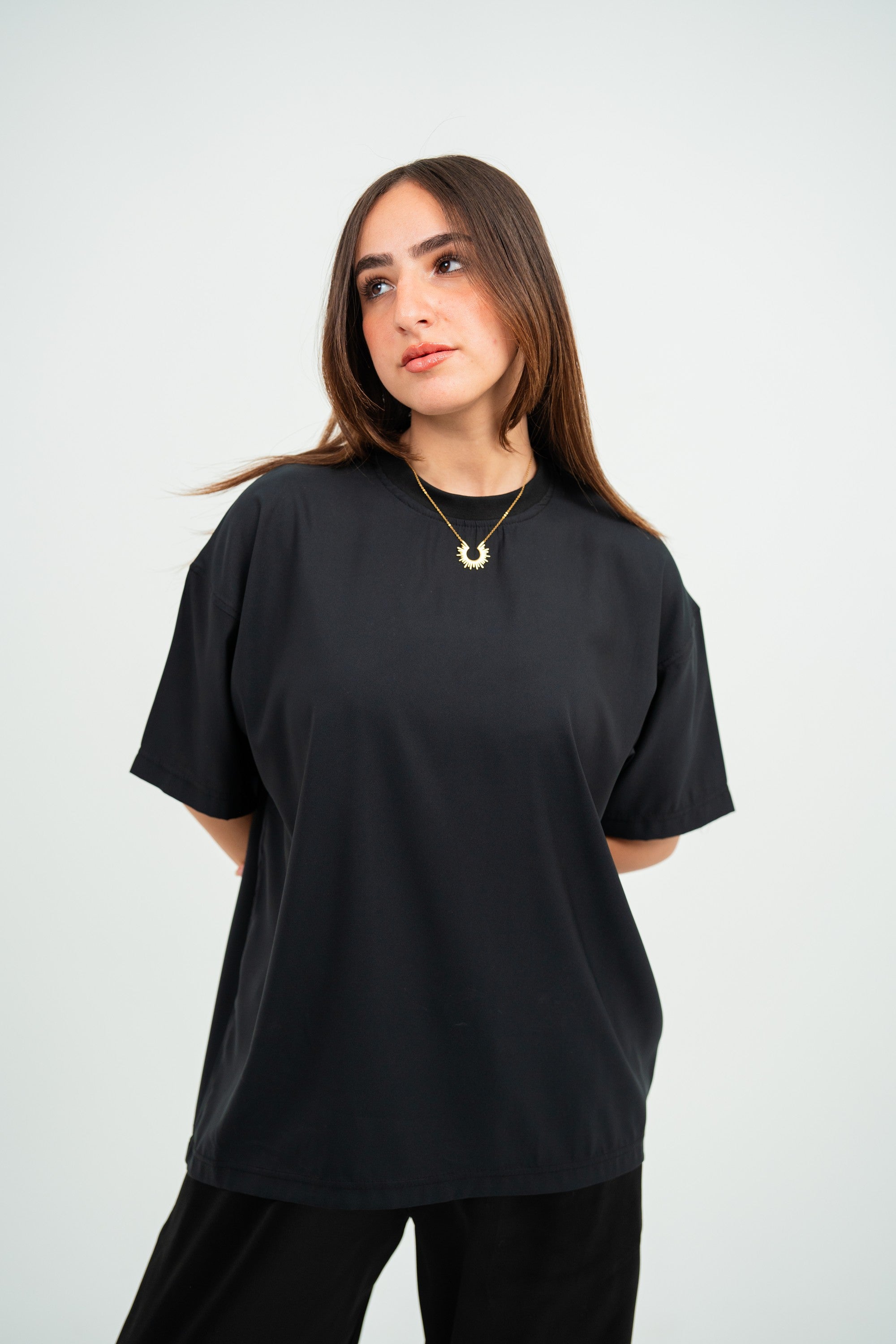 Satin Boxy Fit T-shirt — Black Semi — Women