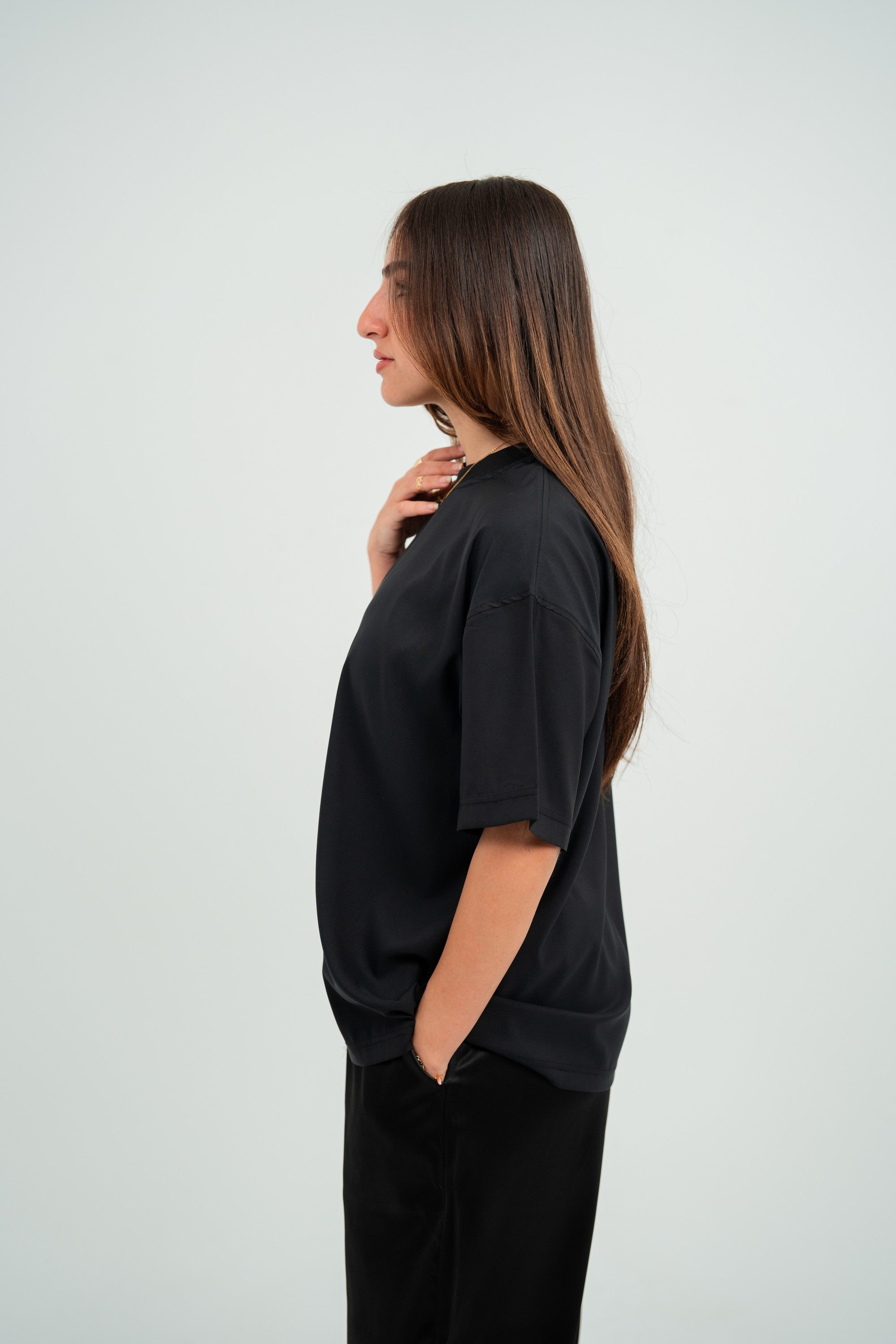 Satin Boxy Fit T-shirt — Black Semi — Women