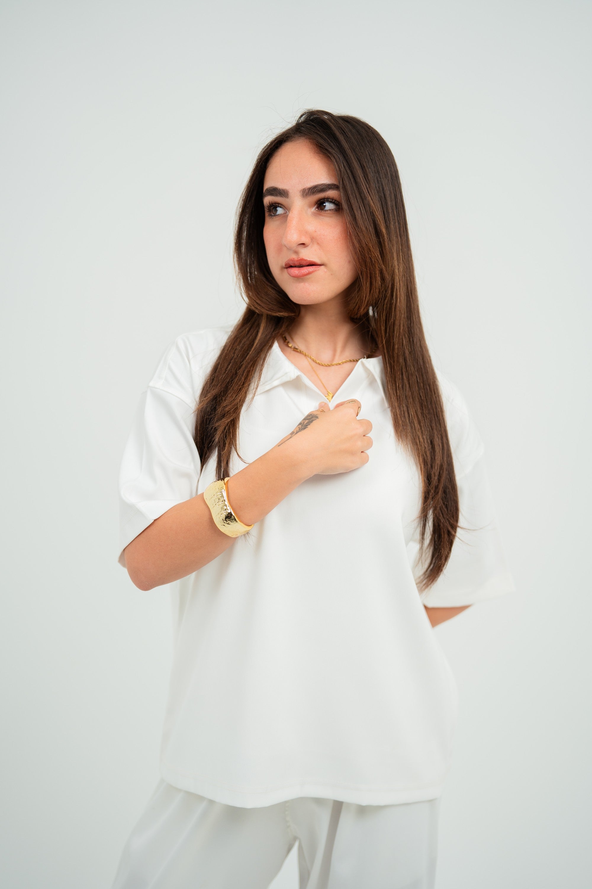 Satin Camp-Collar Polo — White Semi — Women