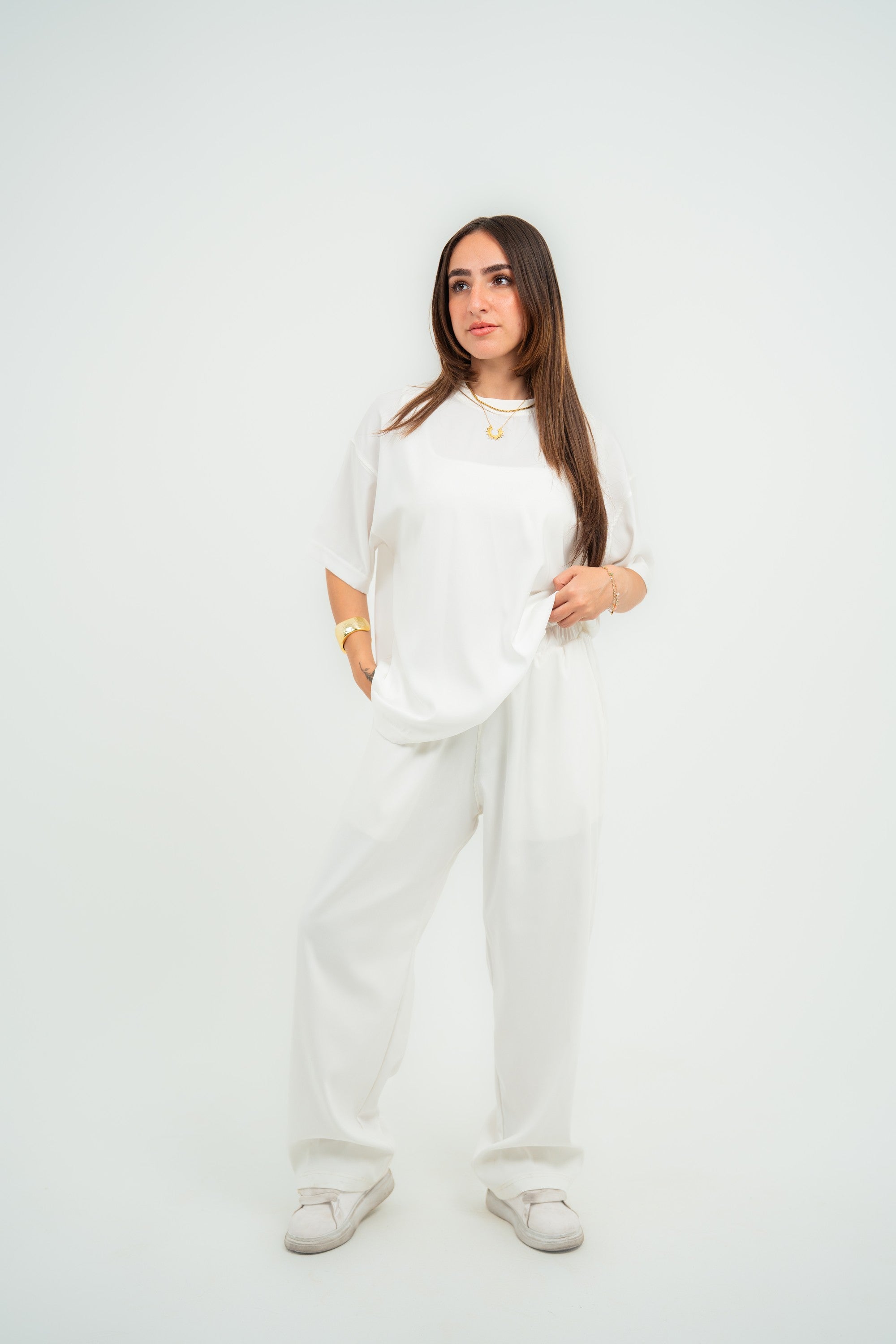 Satin Boxy Fit T-shirt — White Semi — Women