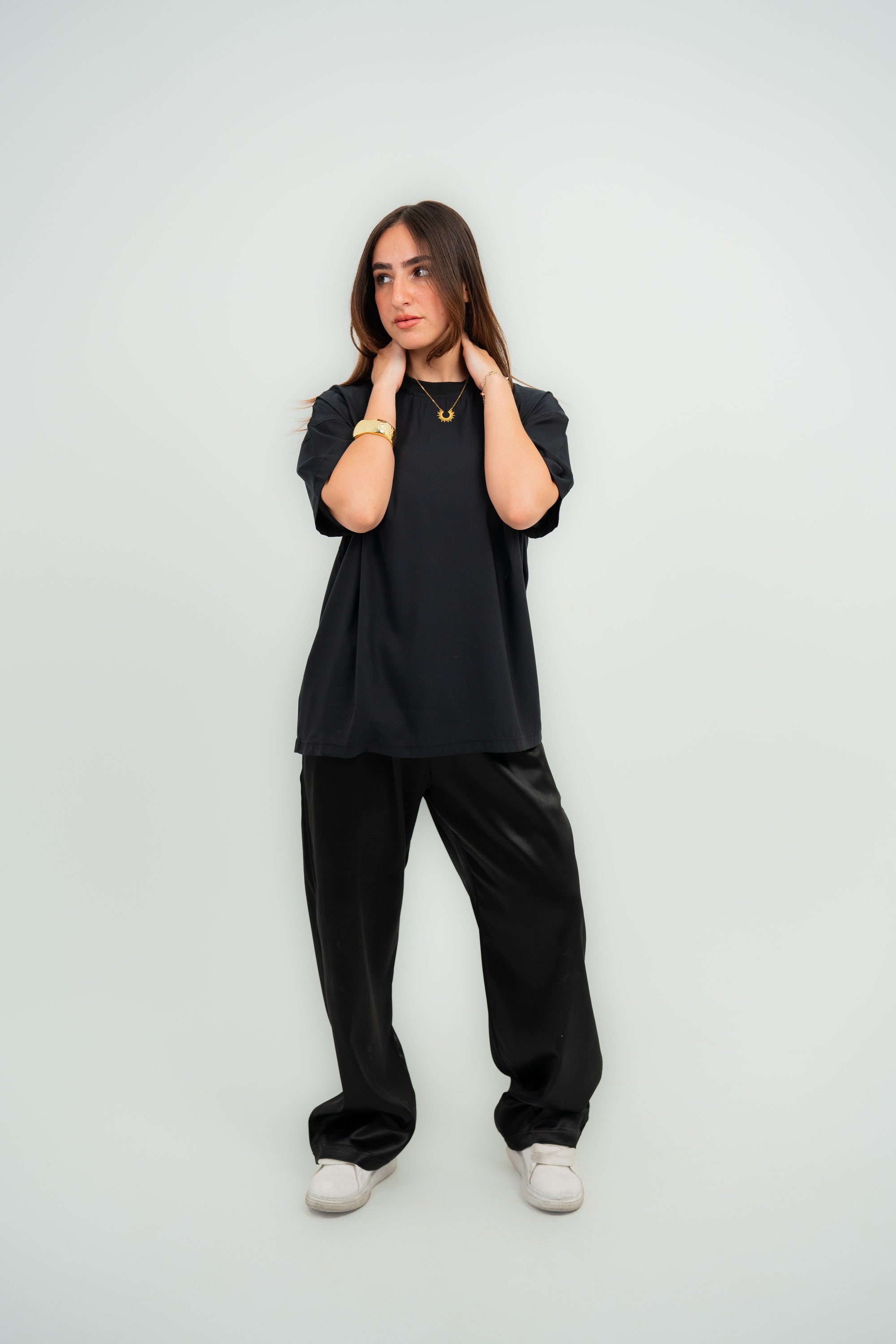 Satin Boxy Fit T-shirt — Black Semi — Women