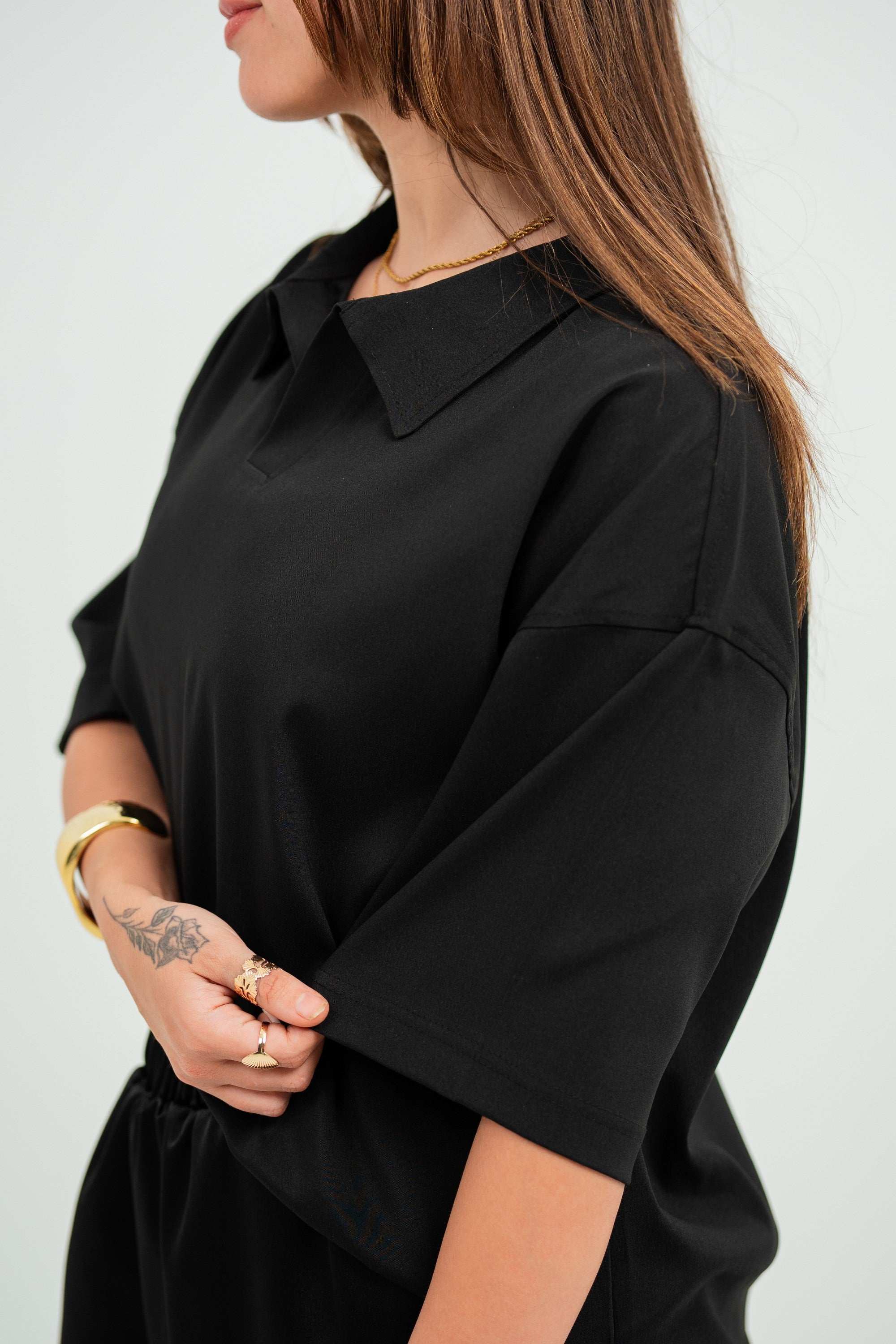 Satin Camp-Collar Polo — Black Semi — Women