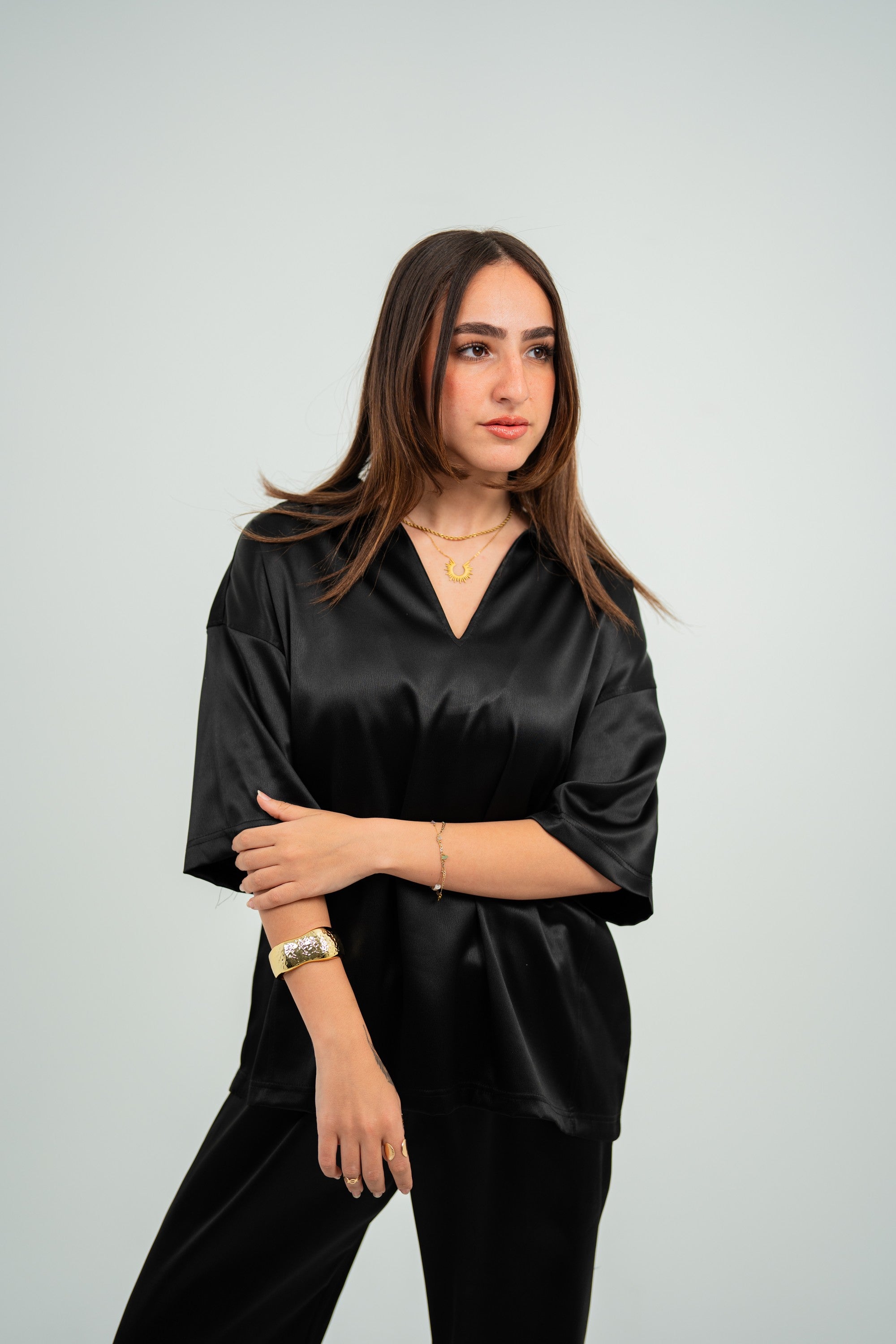 Satin Boxy Fit V-Neck Polo — Black Gloss — Women