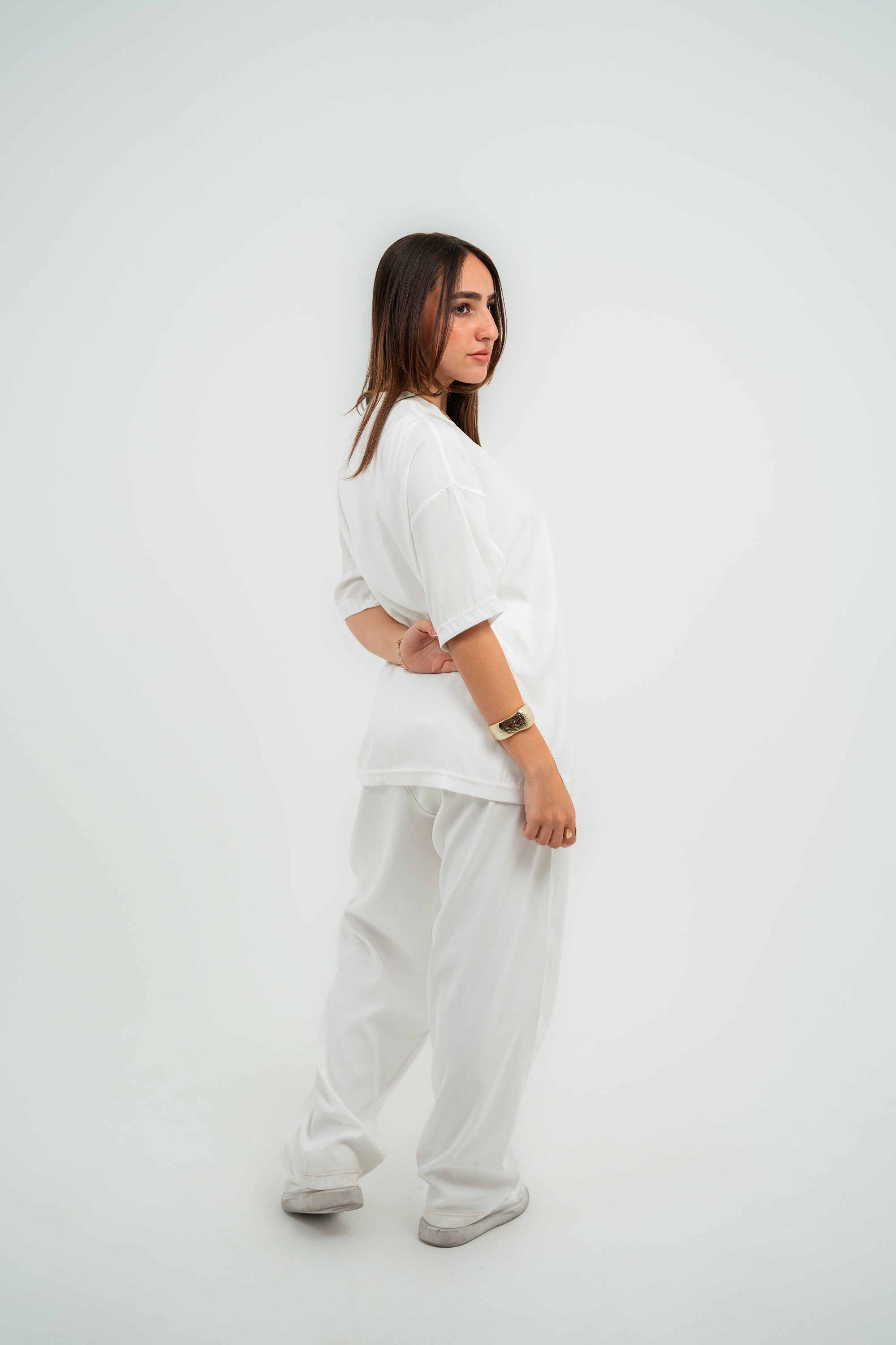 Satin Boxy Fit T-shirt — White Semi — Women