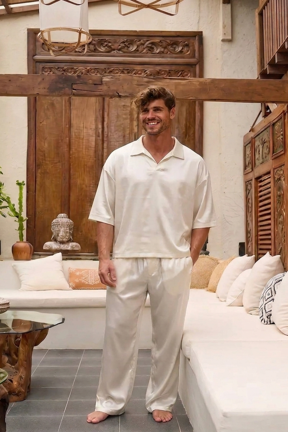 Carrera Satin Camp-Collar Polo — Off-White Gloss