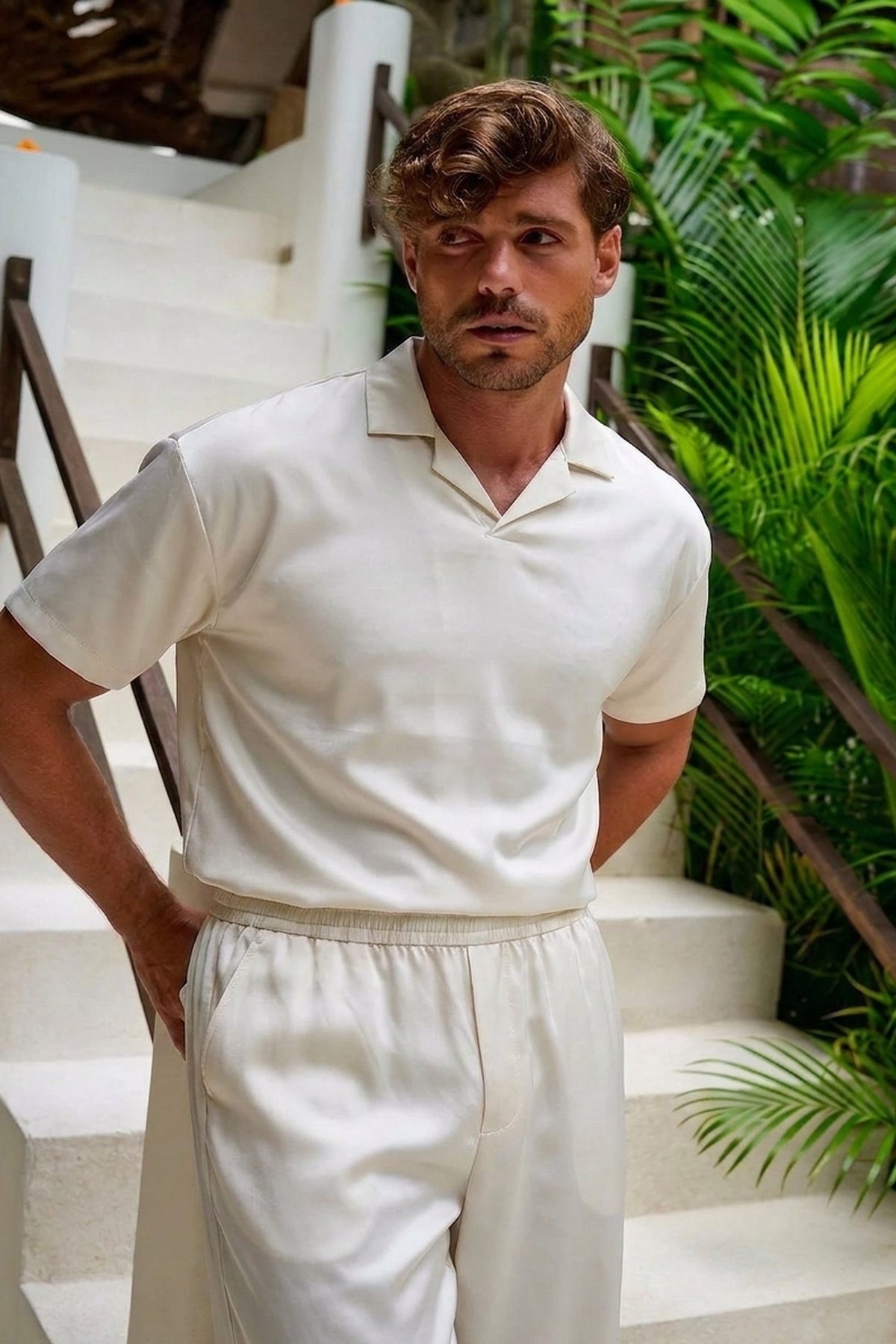 Carrera Satin Camp-Collar Polo — Off-White Semi