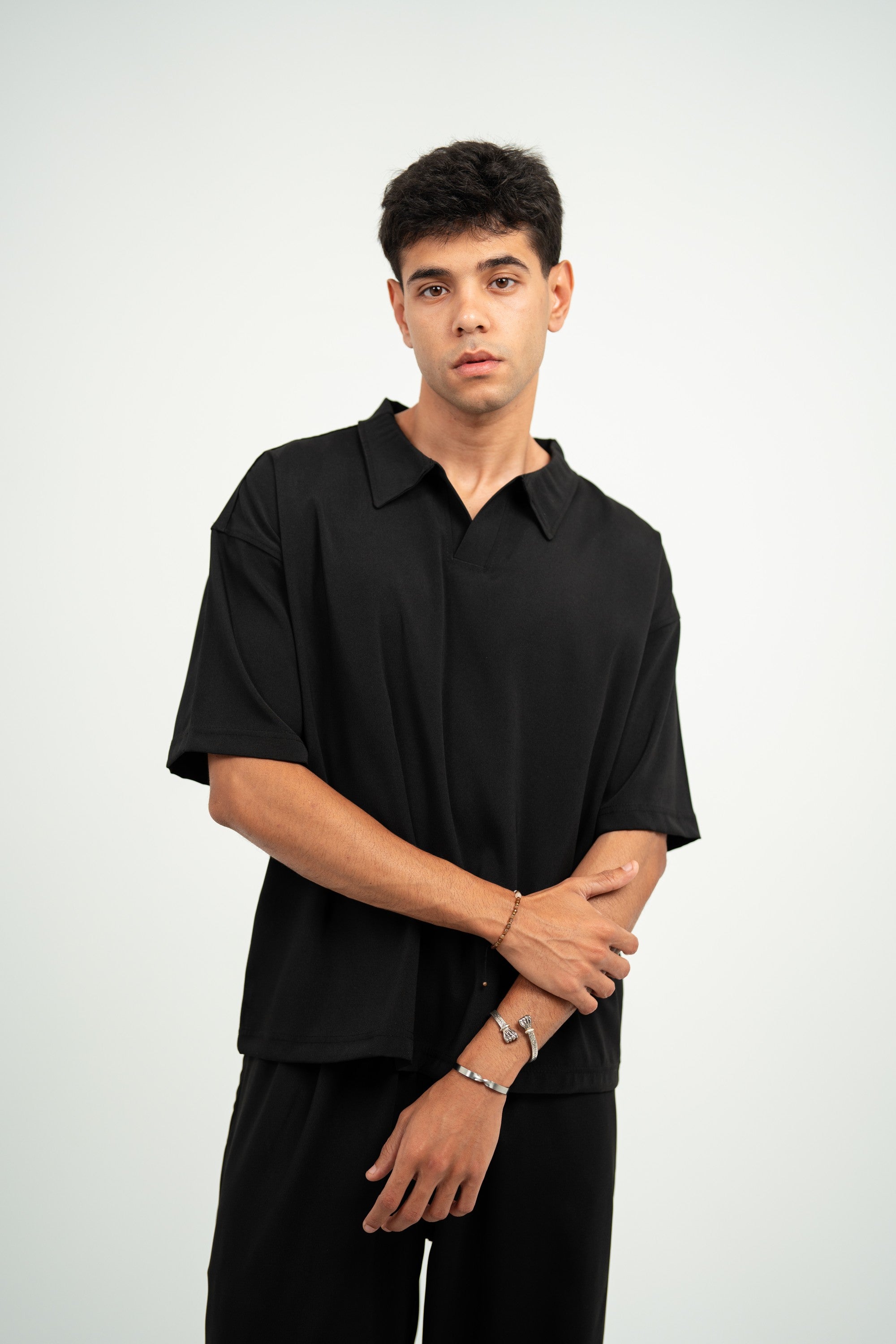 Satin Camp-Collar Polo — Black Semi — Men