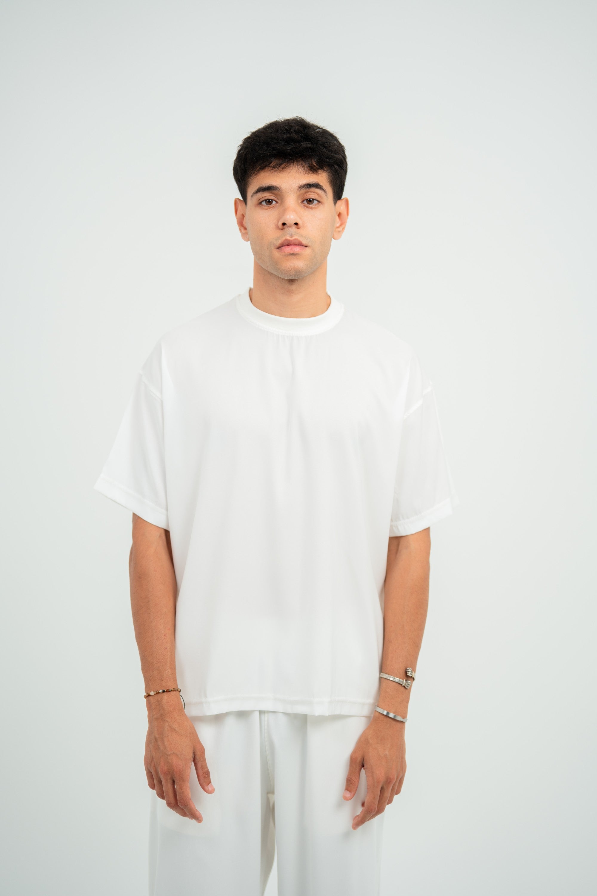 Satin Boxy Fit T-shirt — White Semi — Men