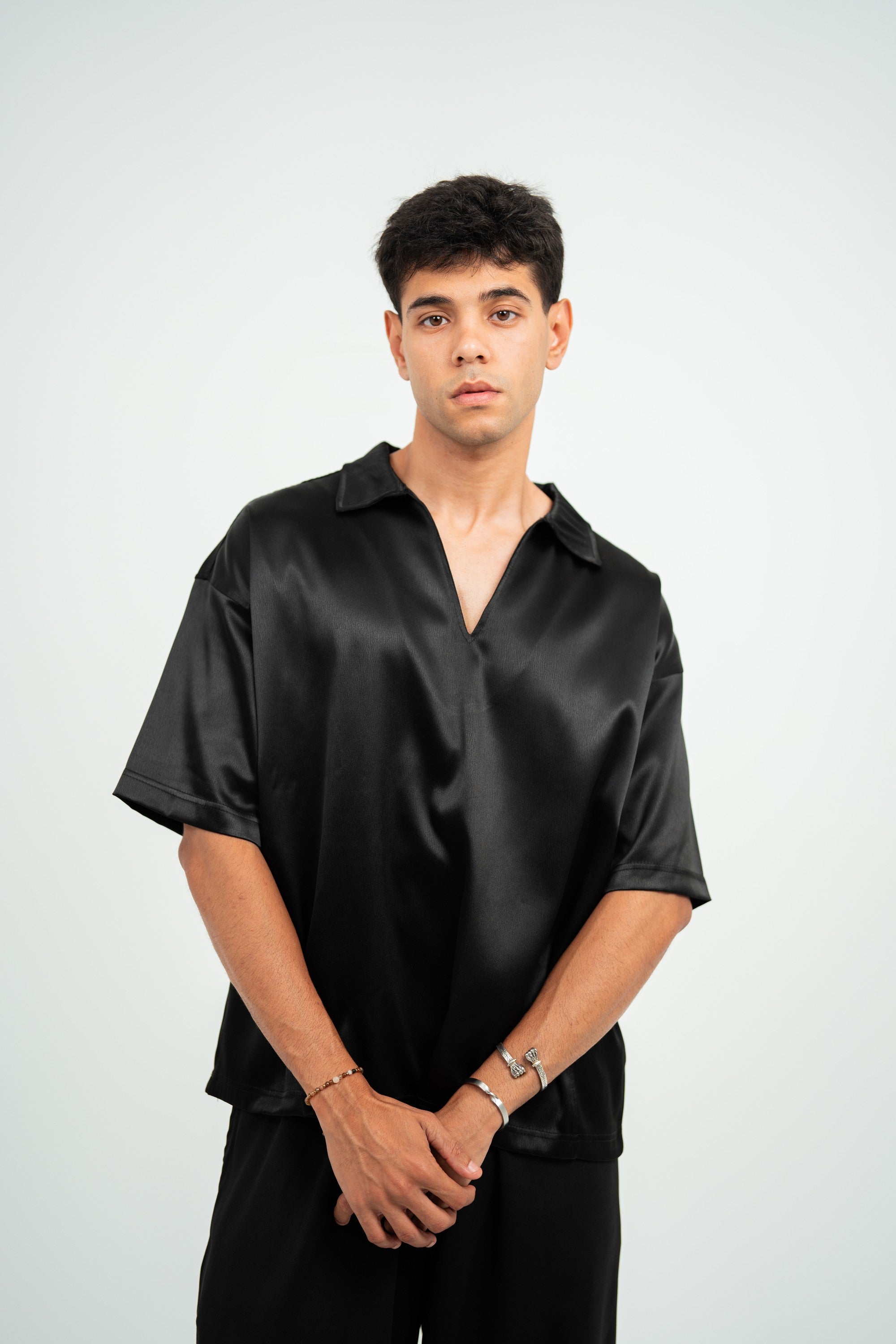 Satin Boxy Fit V-Neck Polo — Black Gloss — Men