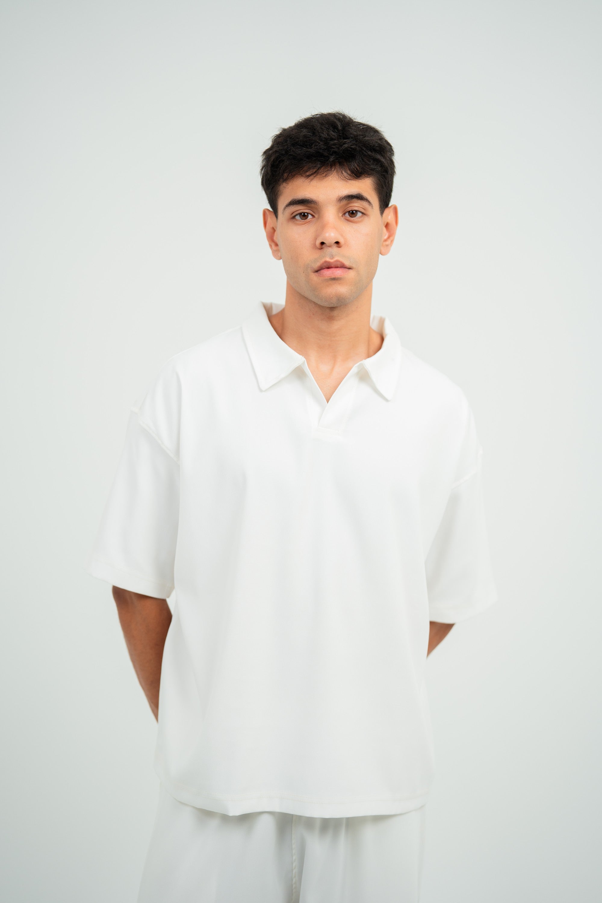 Satin Camp-Collar Polo — White Semi — Men