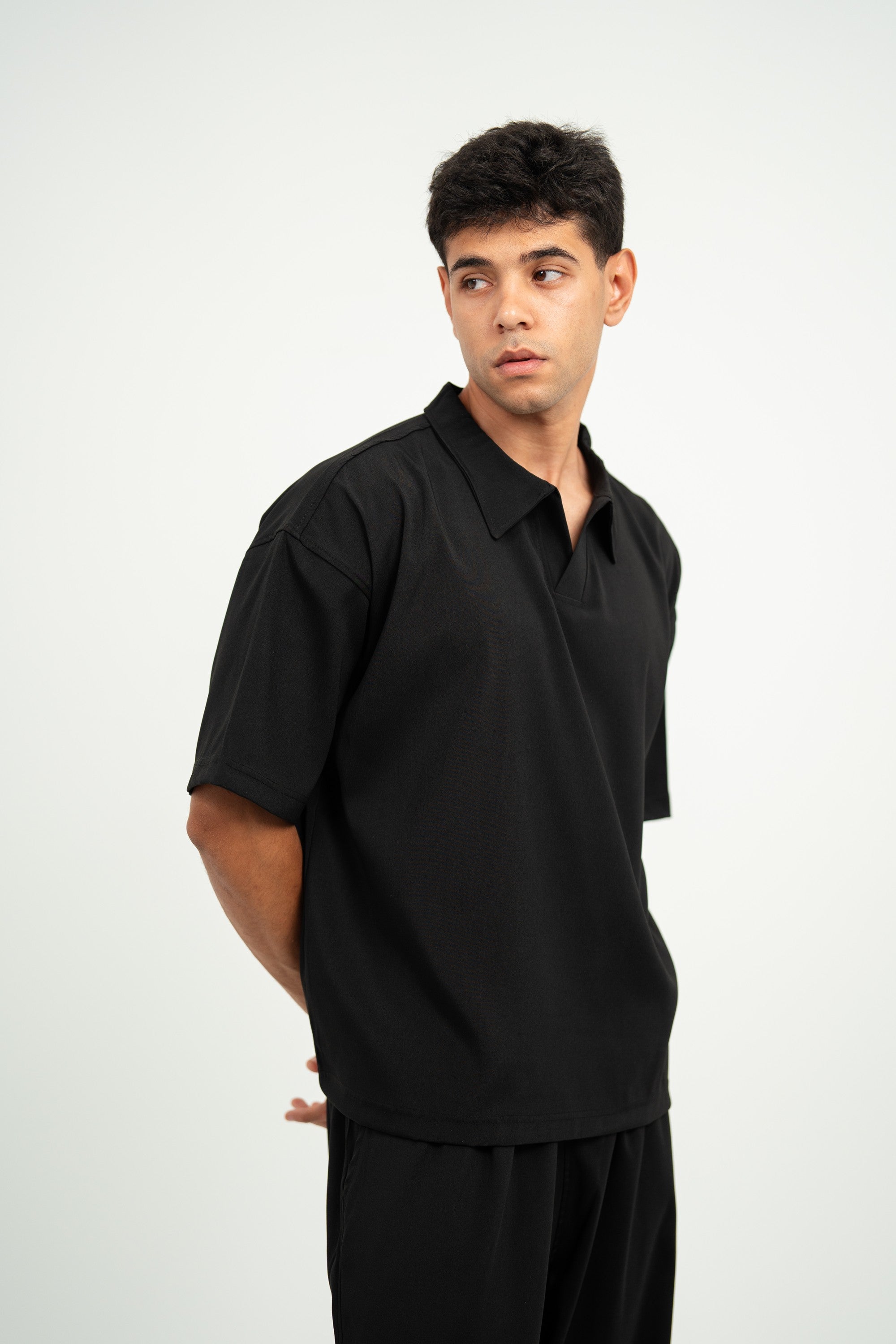 Satin Camp-Collar Polo — Black Semi — Men