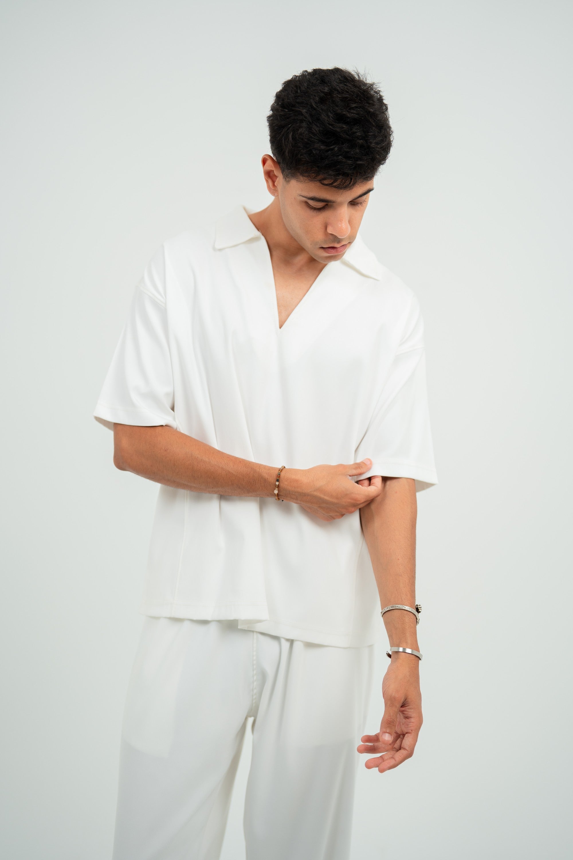 Satin Boxy Fit V-Neck Polo — White Gloss — Men