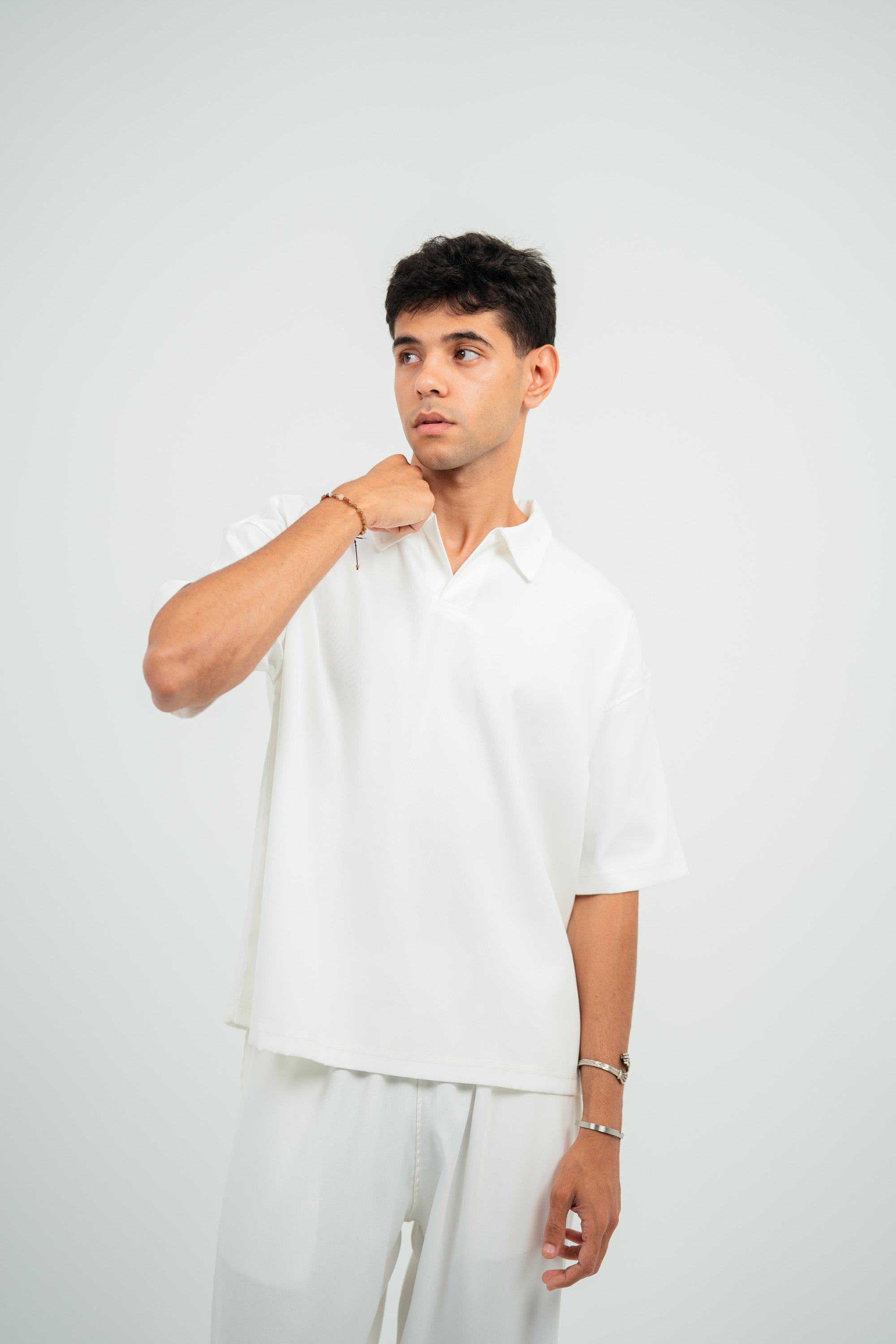 Satin Camp-Collar Polo — White Semi — Men