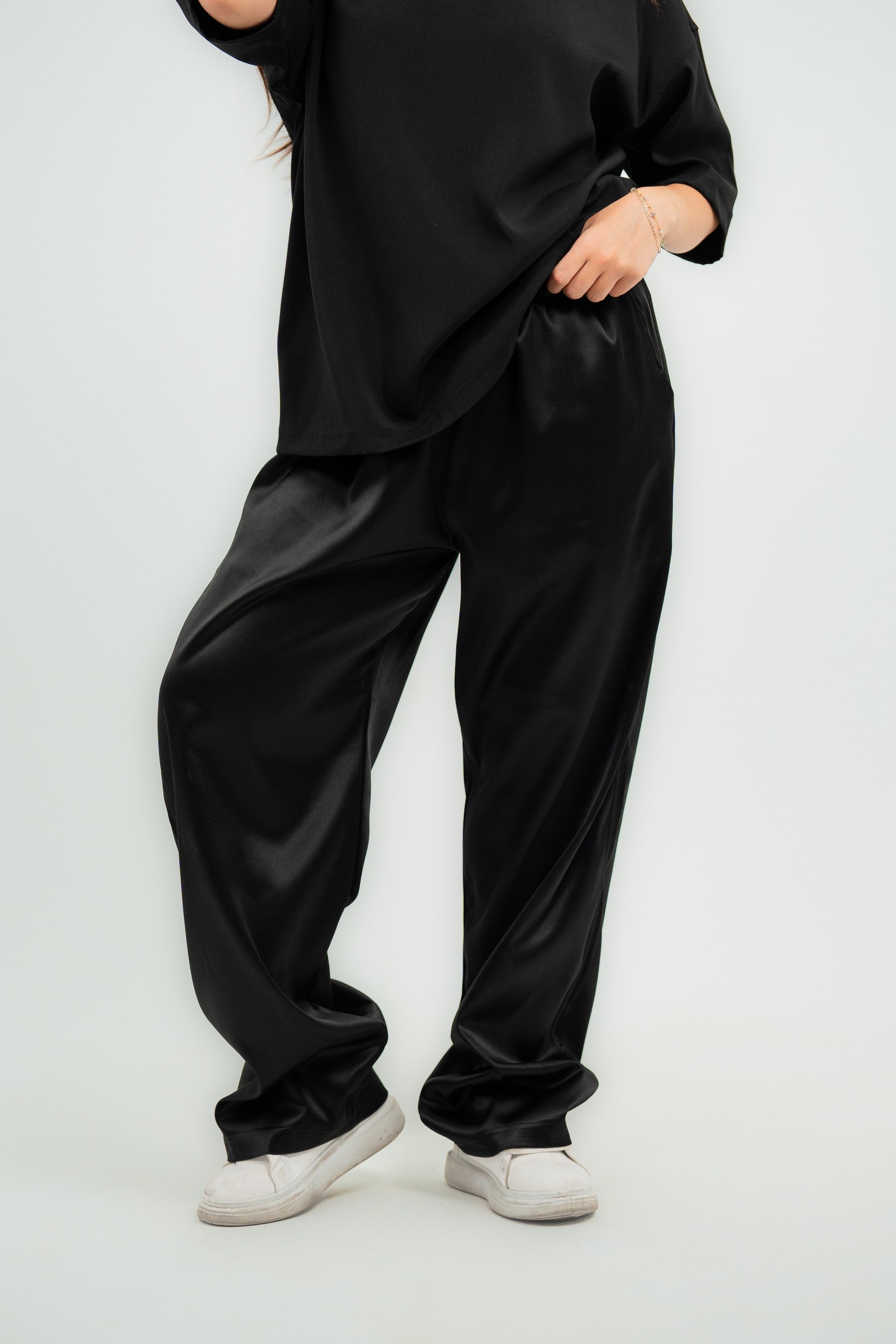 Carrera Baggy Satin Pants — Black Gloss — Women