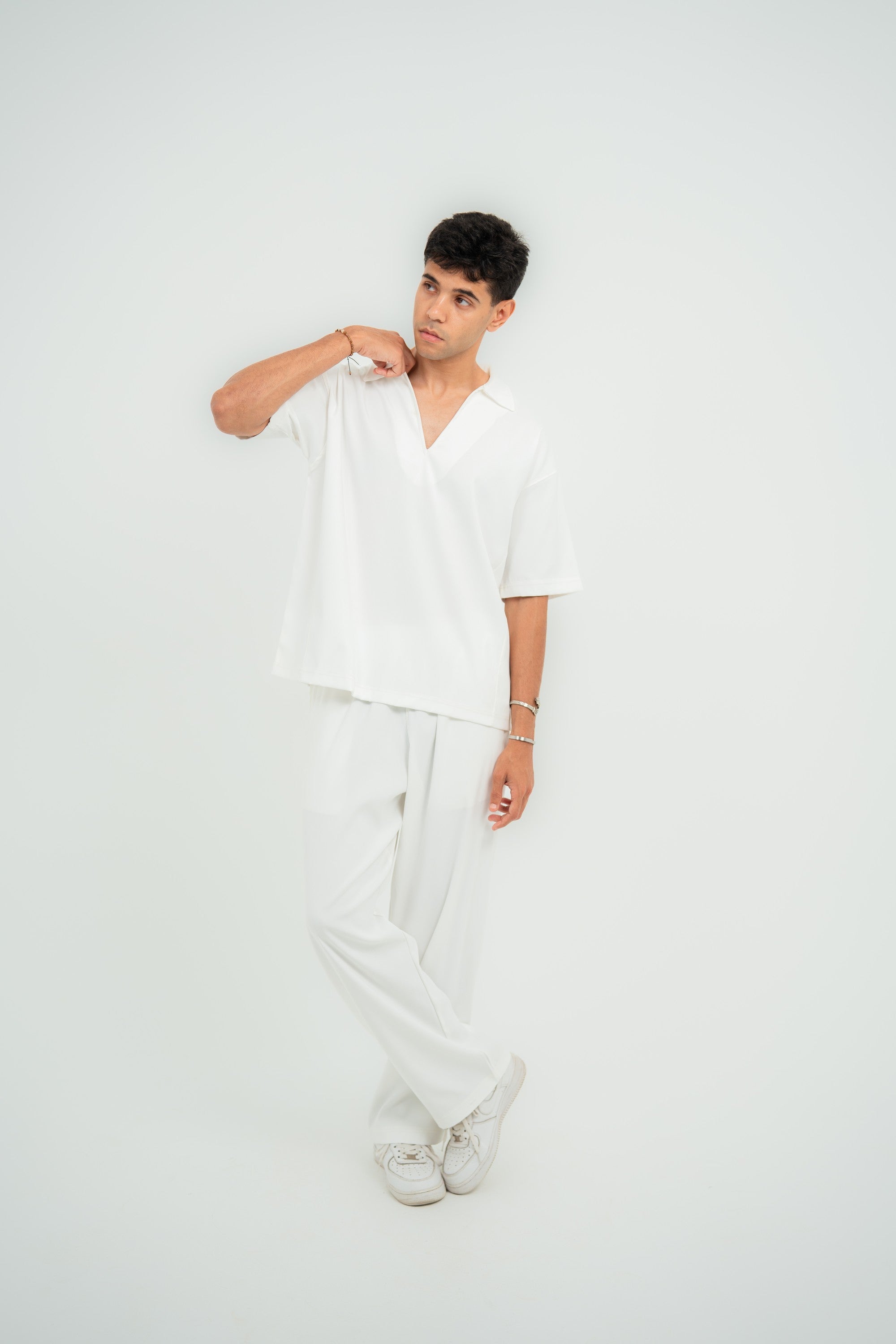 Satin Boxy Fit V-Neck Polo — White Gloss — Men