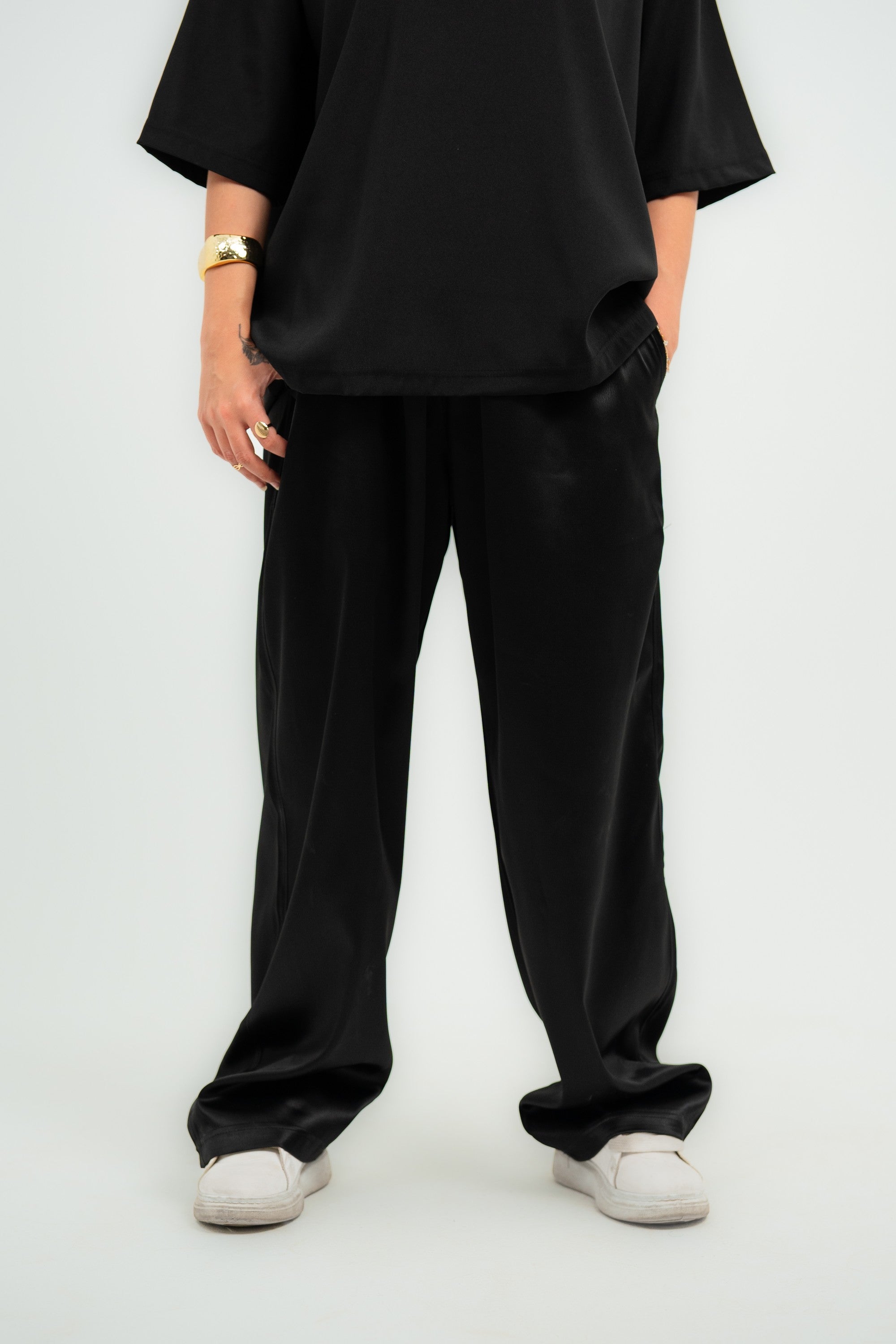 Carrera Baggy Satin Pants — Black Gloss — Women