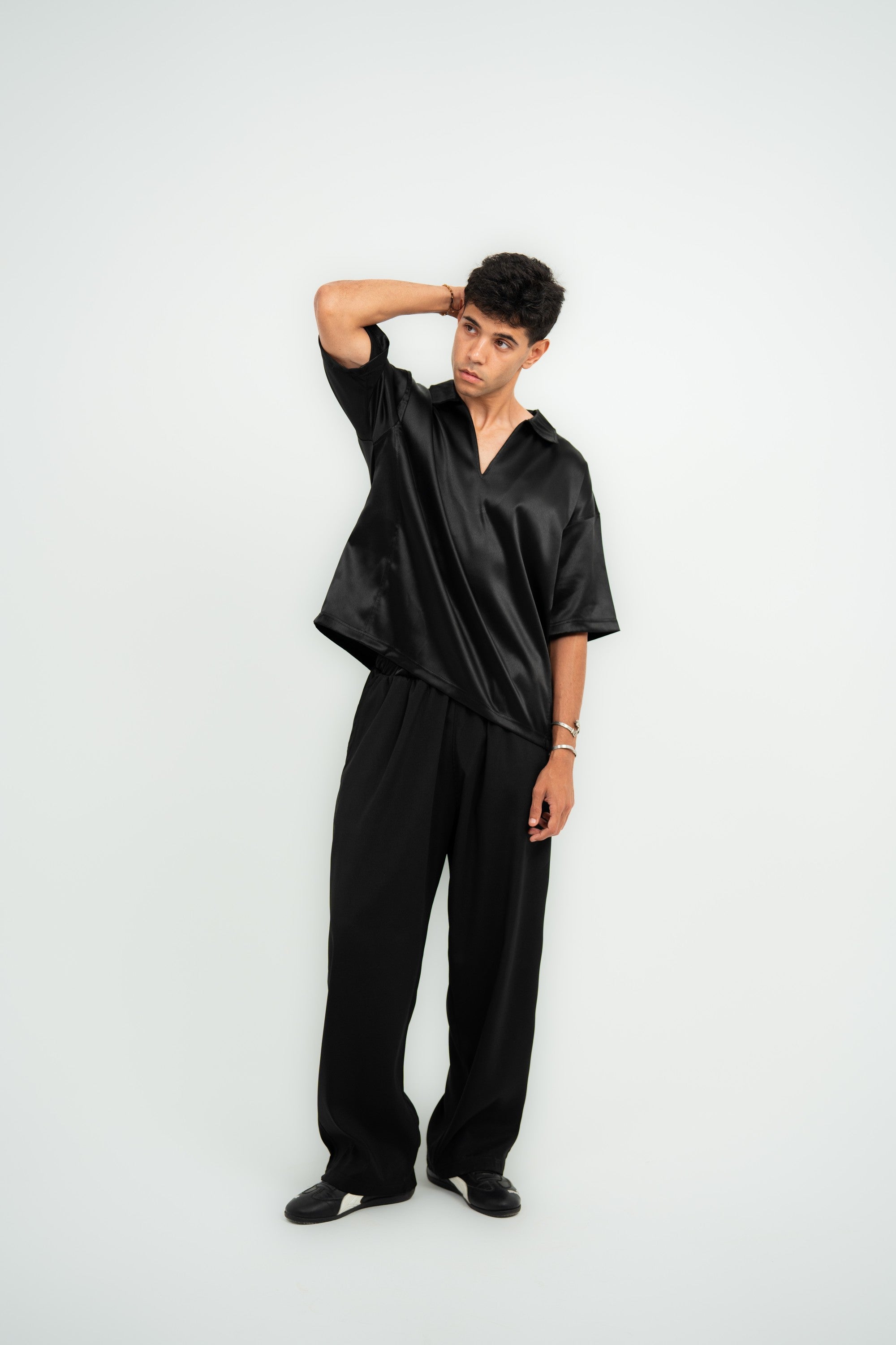 Satin Boxy Fit V-Neck Polo — Black Gloss — Men