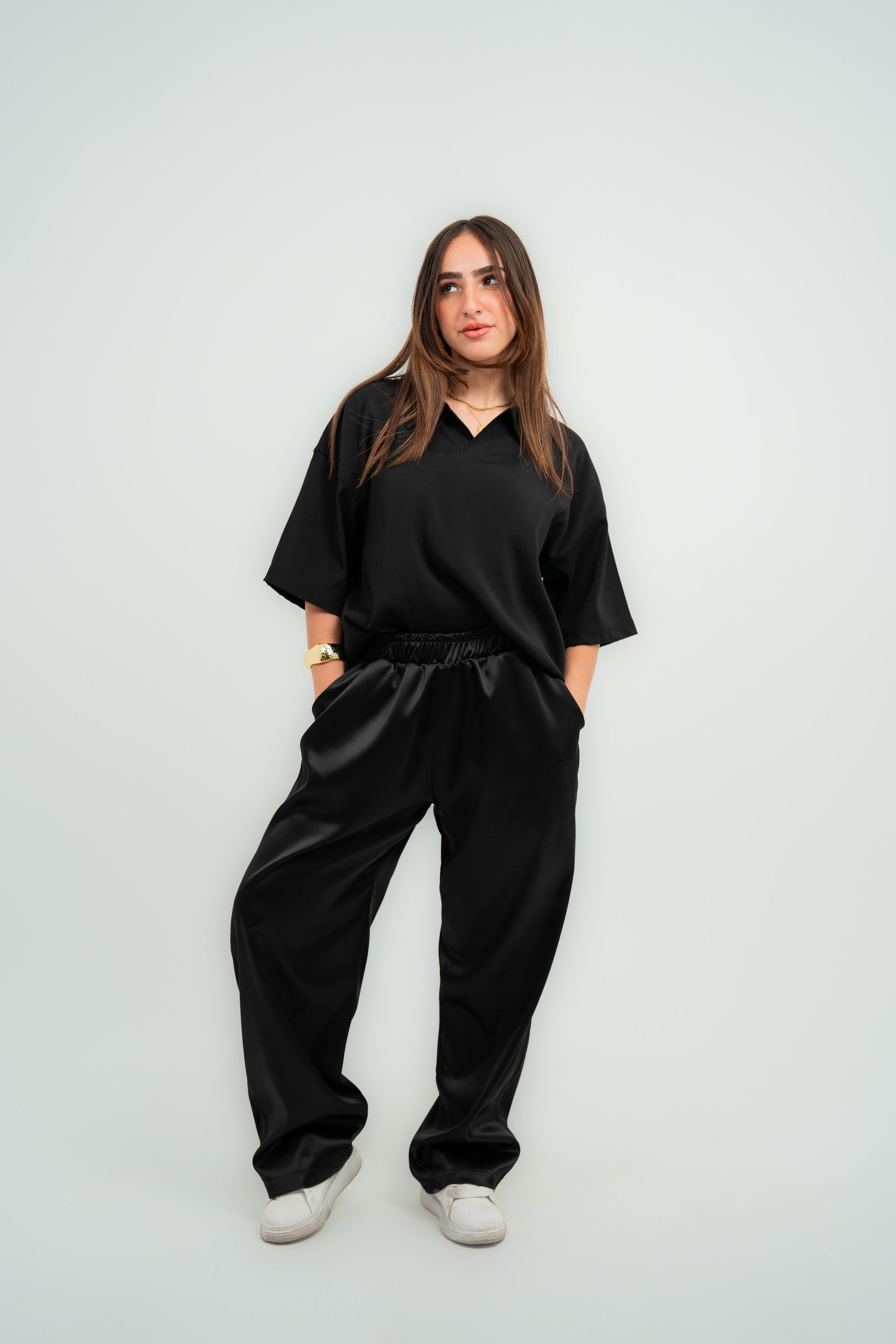 Carrera Baggy Satin Pants — Black Gloss — Women