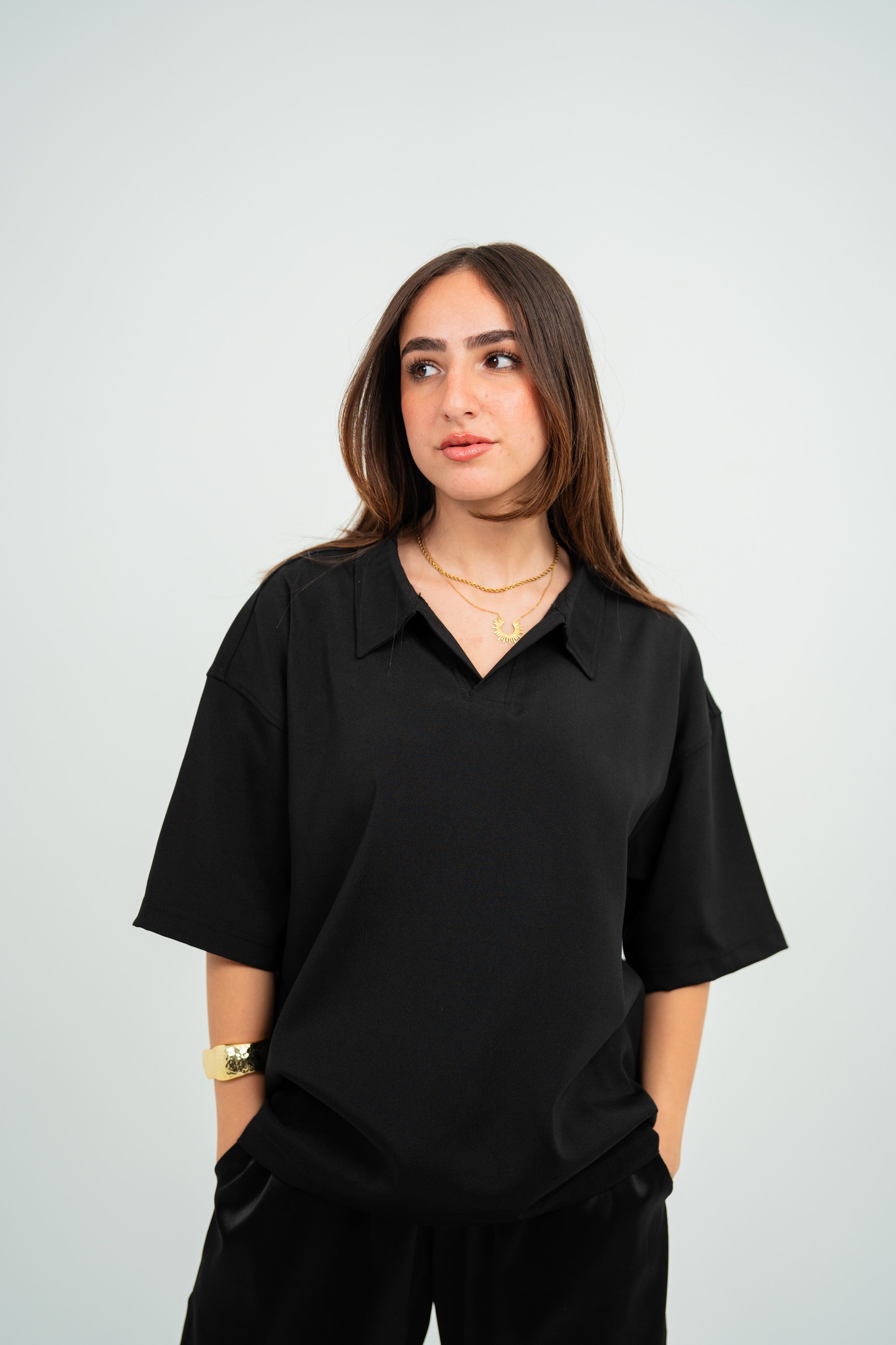 Satin Camp-Collar Polo — Black Semi — Women