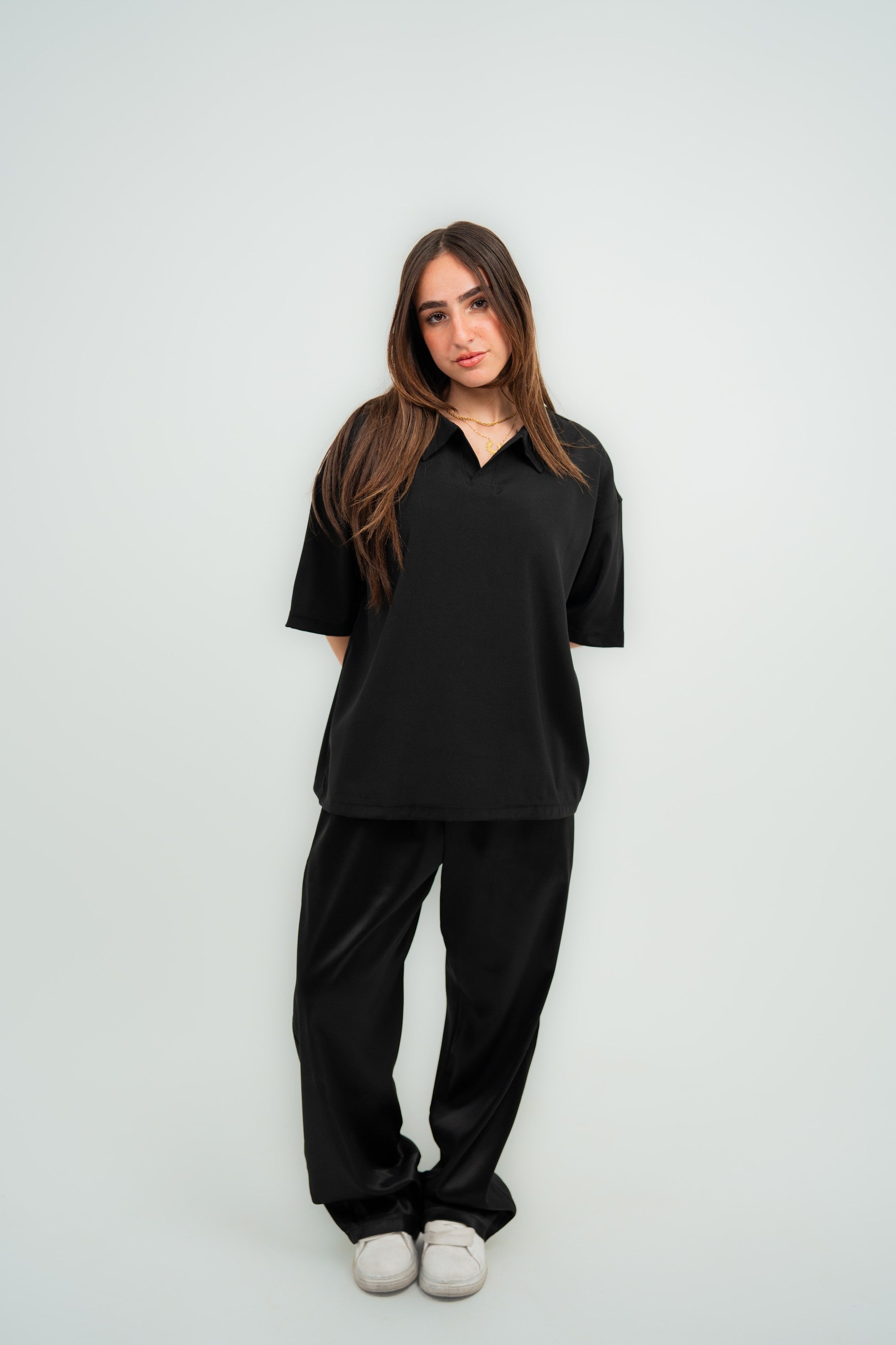 Satin Camp-Collar Polo — Black Semi — Women