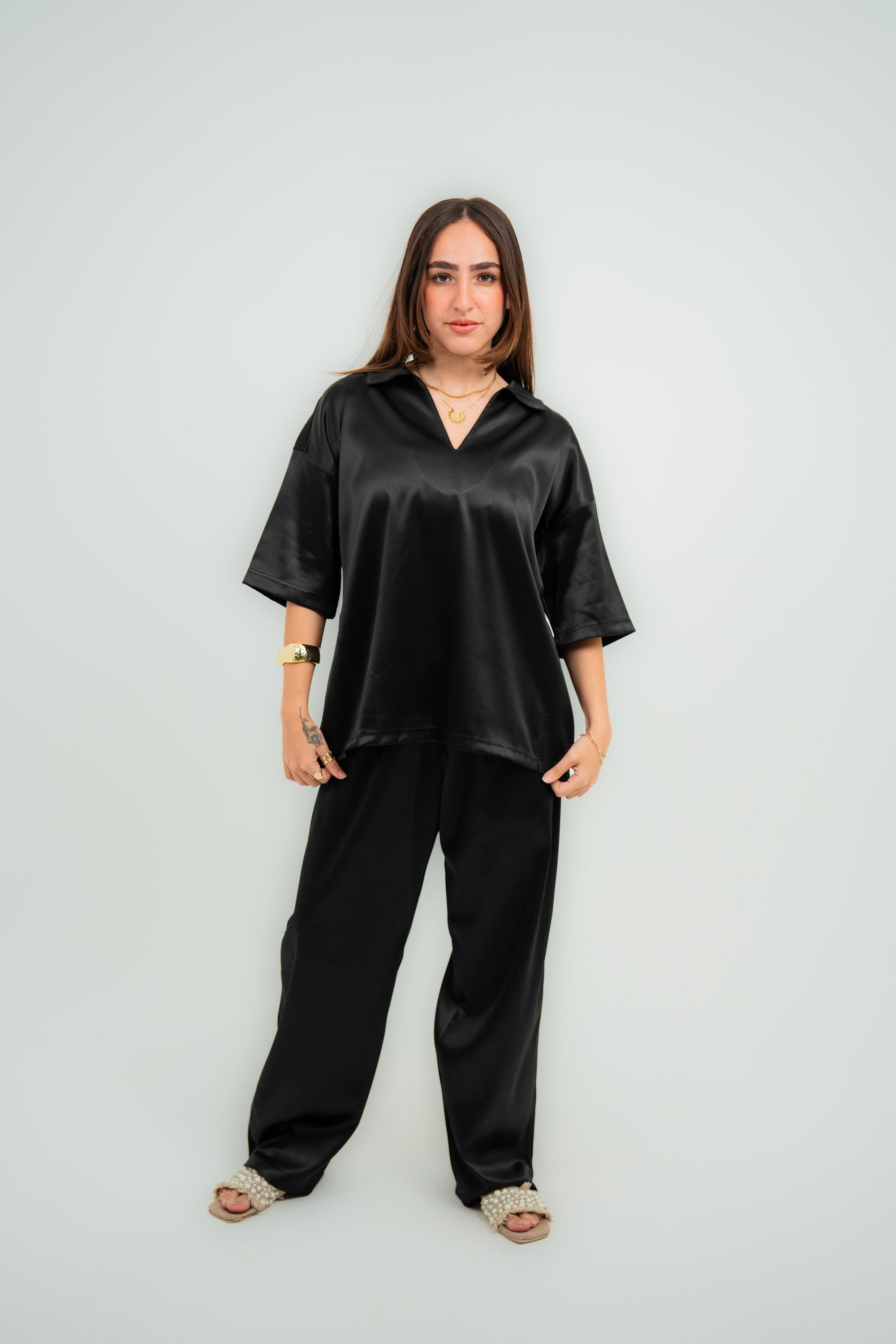 Satin Boxy Fit V-Neck Polo — Black Gloss — Women
