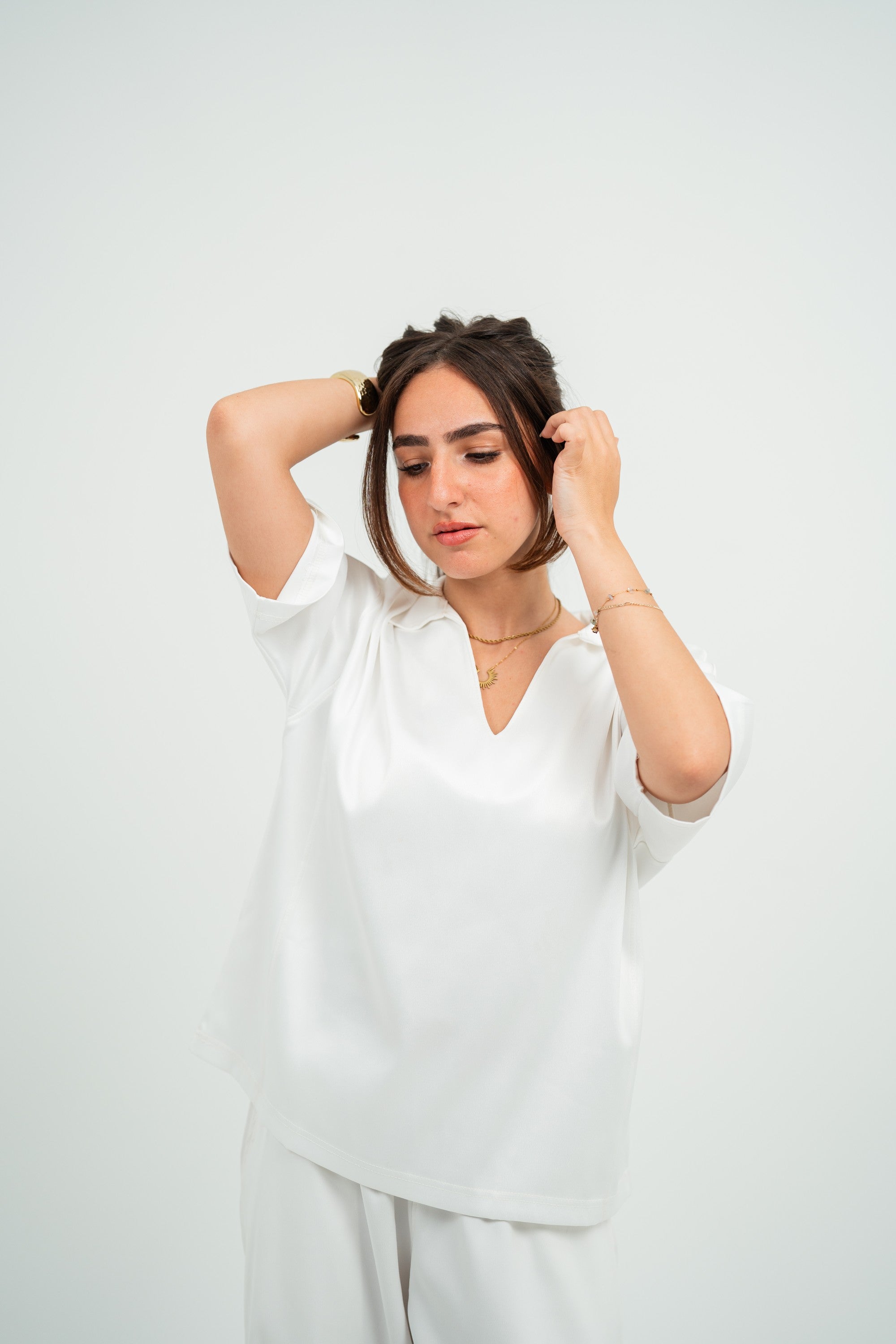 Satin Boxy Fit V-Neck Polo — White Gloss — Women