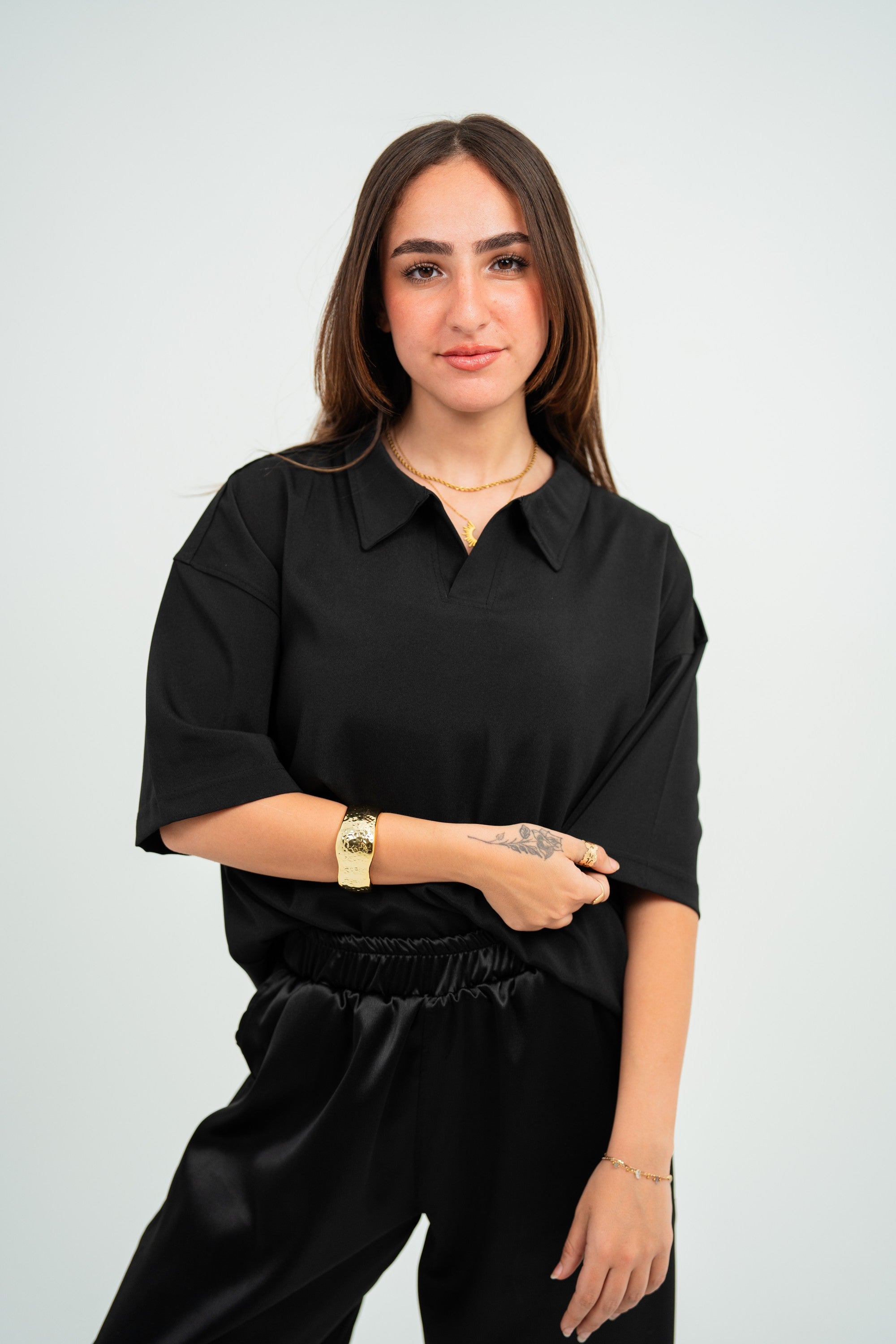 Satin Camp-Collar Polo — Black Semi — Women