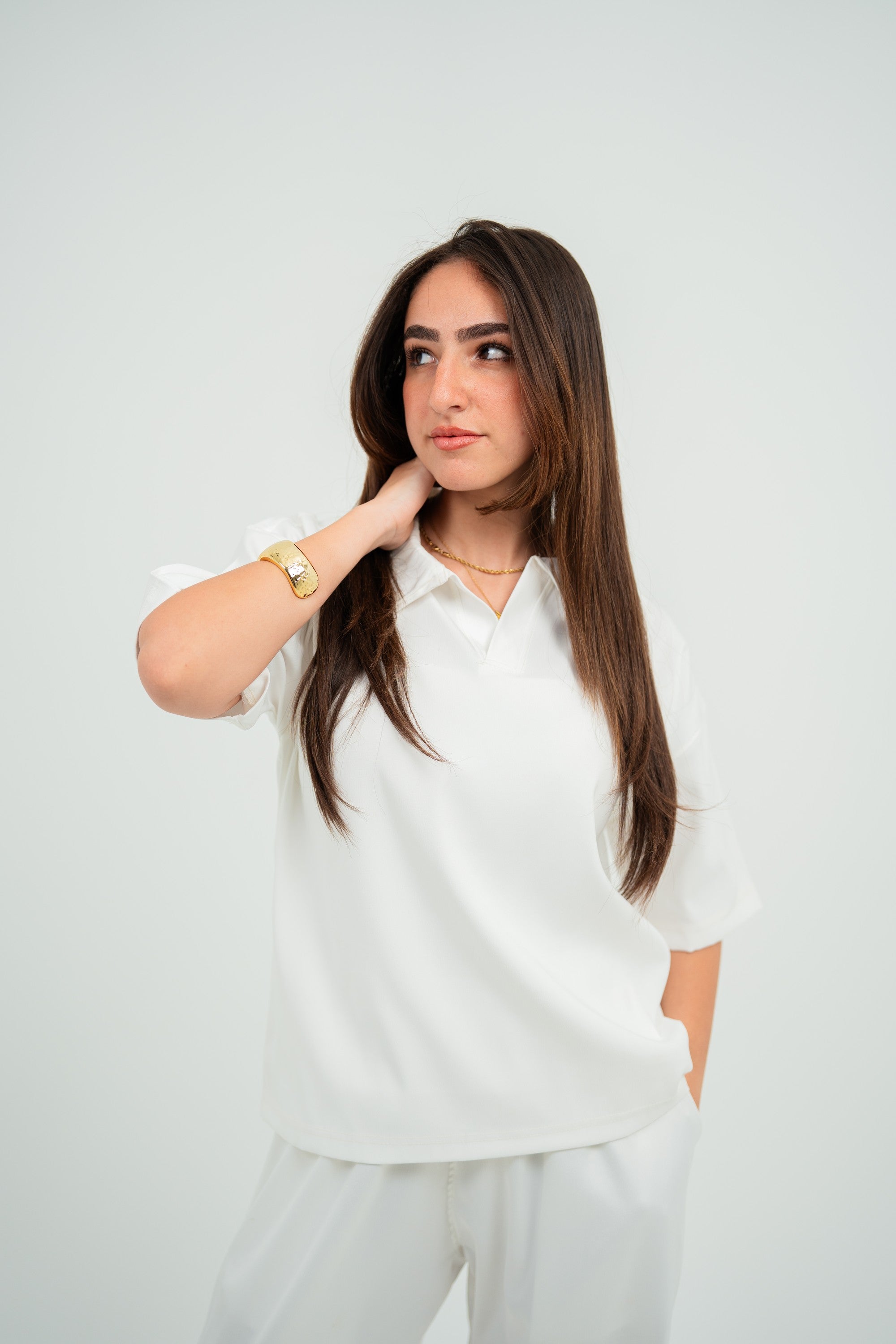 Satin Camp-Collar Polo — White Semi — Women