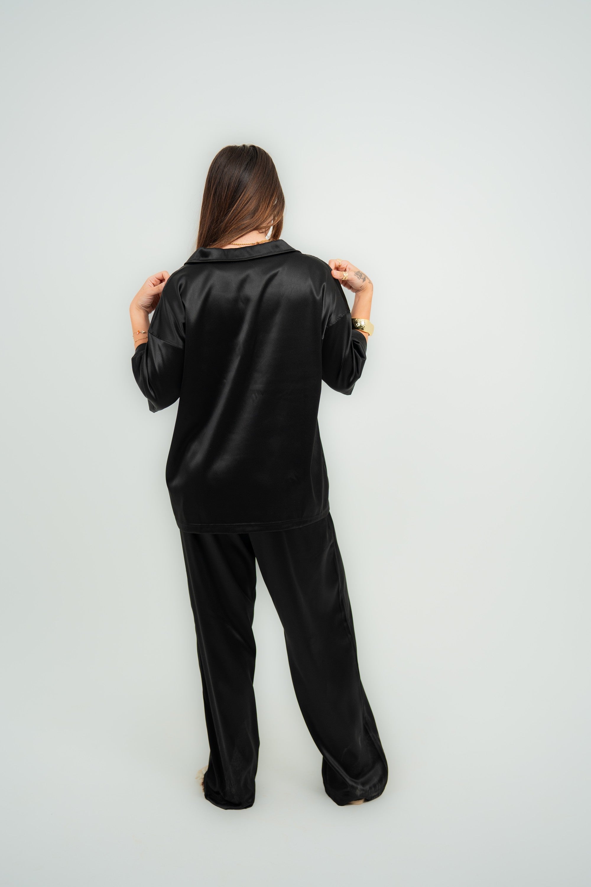 Satin Boxy Fit V-Neck Polo — Black Gloss — Women