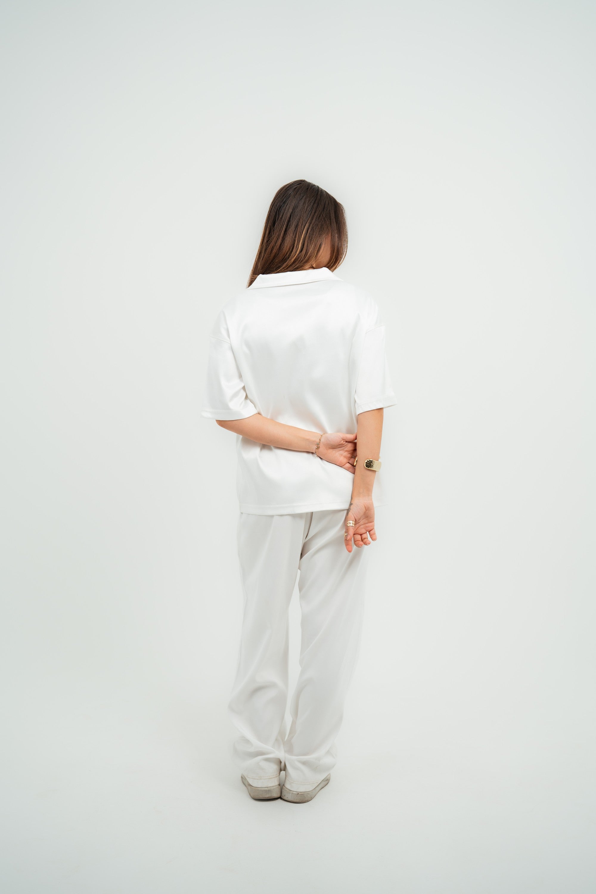 Satin Boxy Fit V-Neck Polo — White Gloss — Women