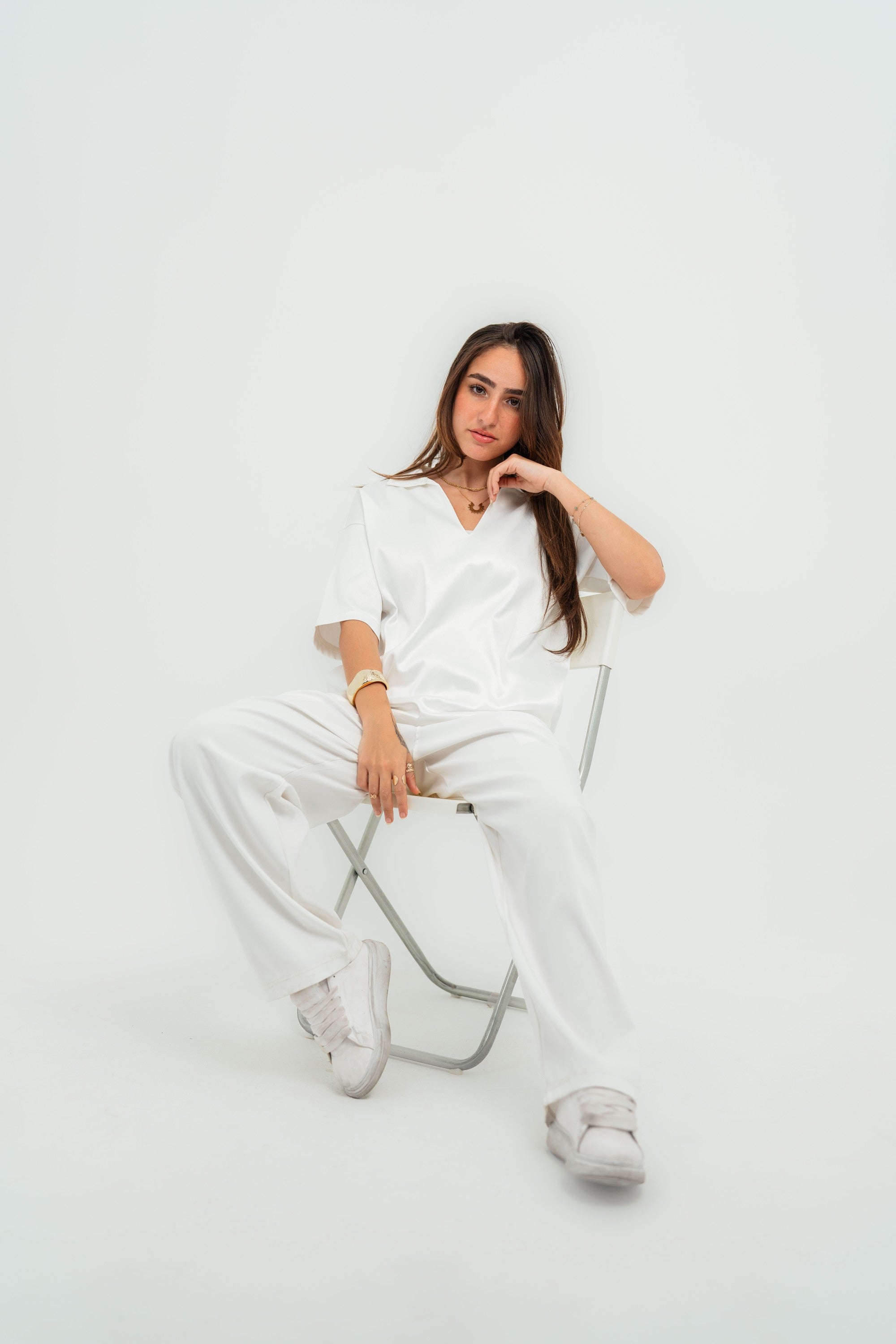 Satin Boxy Fit V-Neck Polo — White Gloss — Women