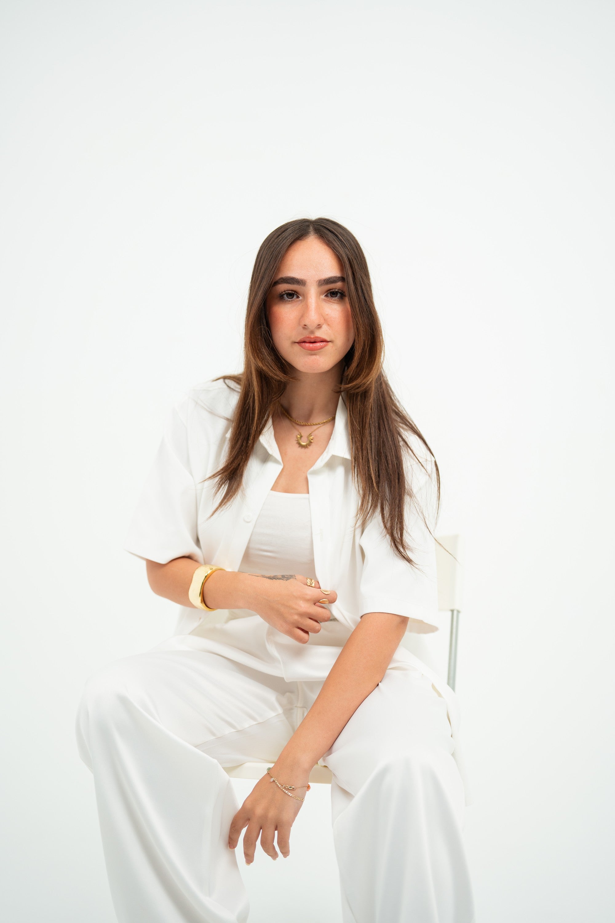 Satin Shirt — White Semi — Women