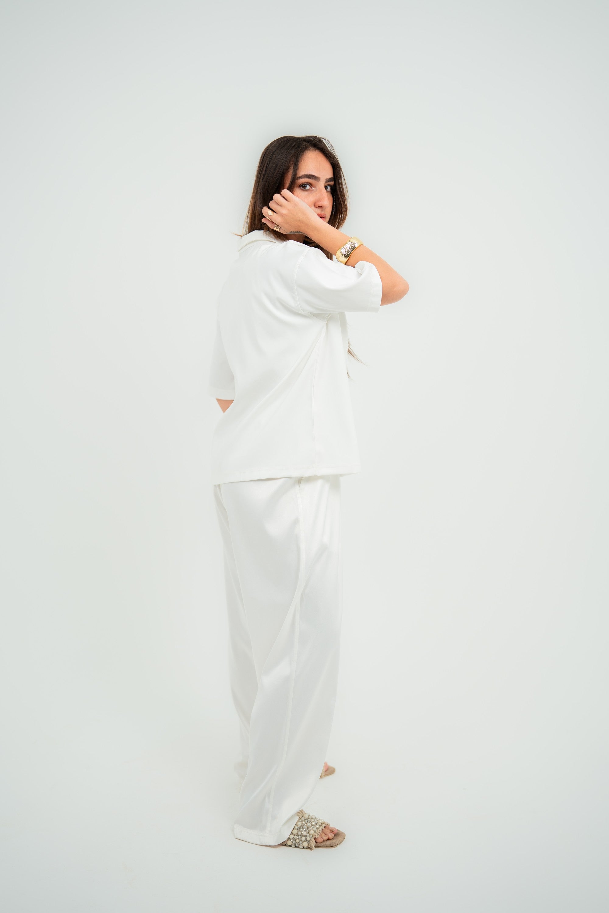 Satin Camp-Collar Polo — White Semi — Women