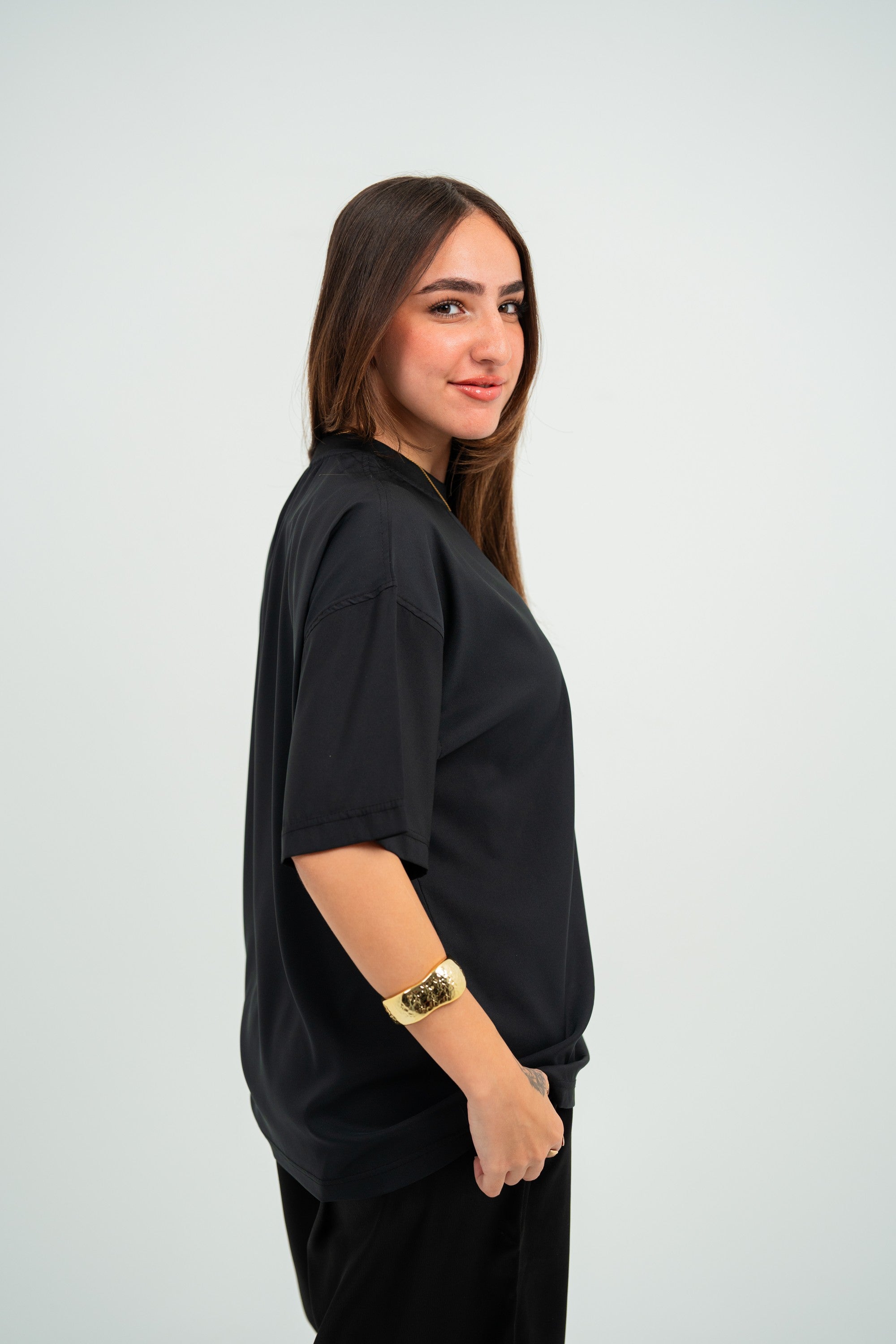 Satin Boxy Fit T-shirt — Black Semi — Women