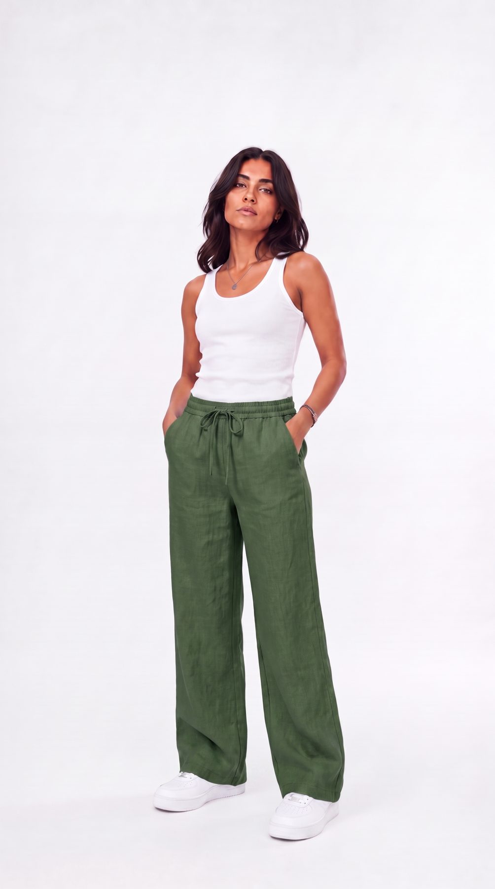 Green Linen Wide-Leg Pants