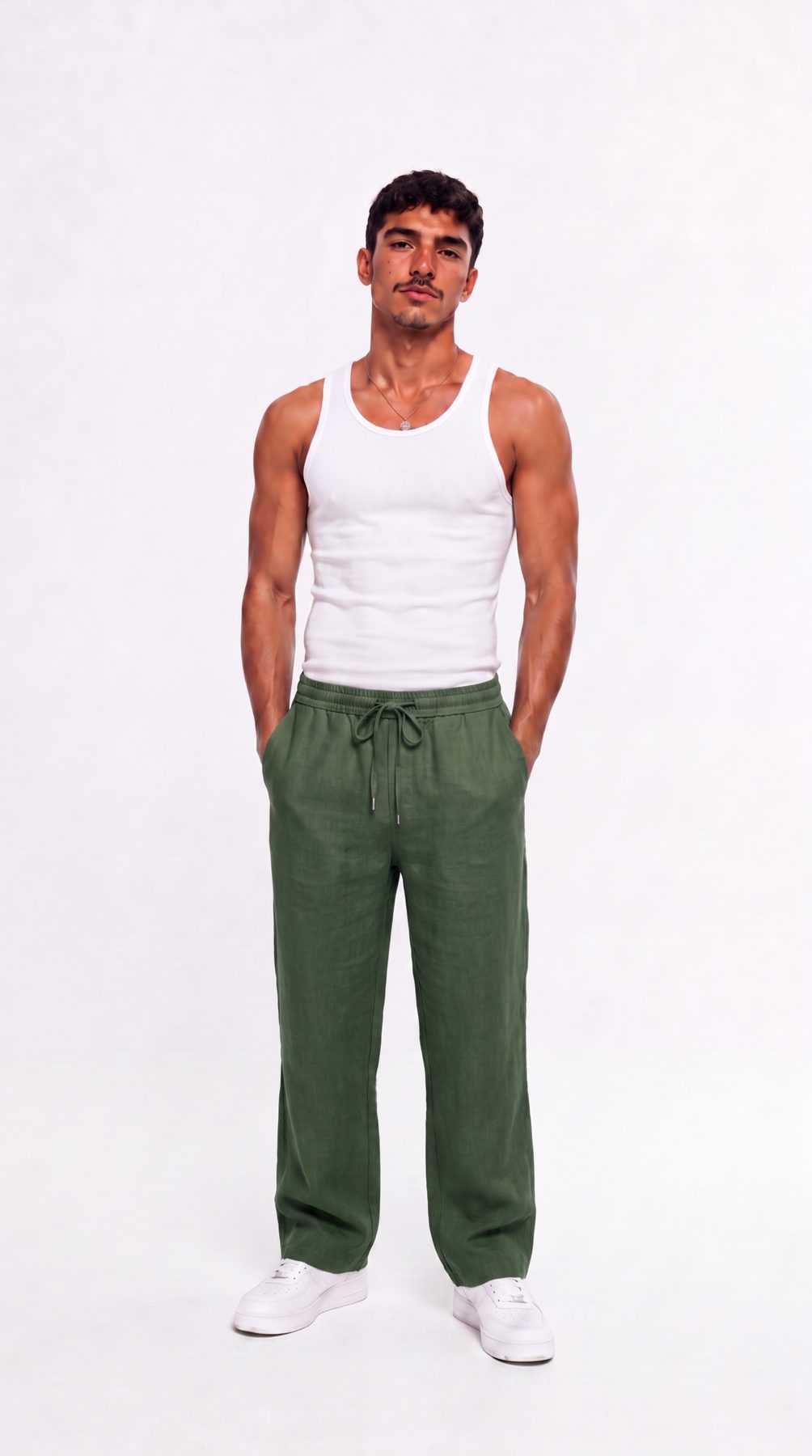 Green Linen Wide-Leg Pants