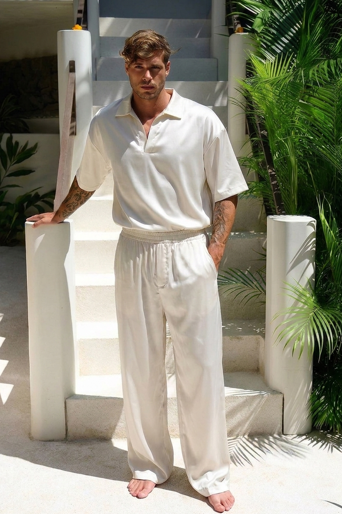 Carrera Satin Camp-Collar Polo — Off-White Gloss