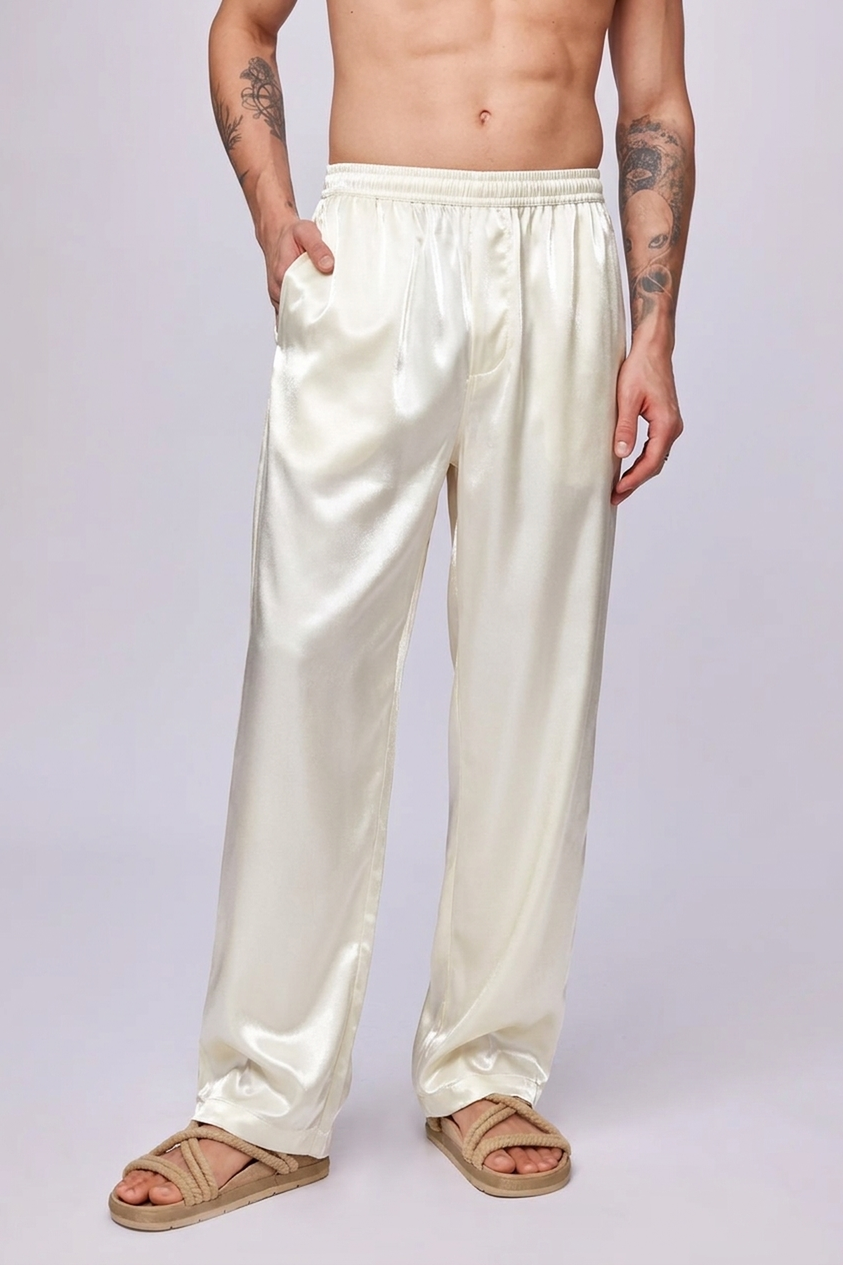 Baggy Satin Pant Off-White Gloss — Studio front