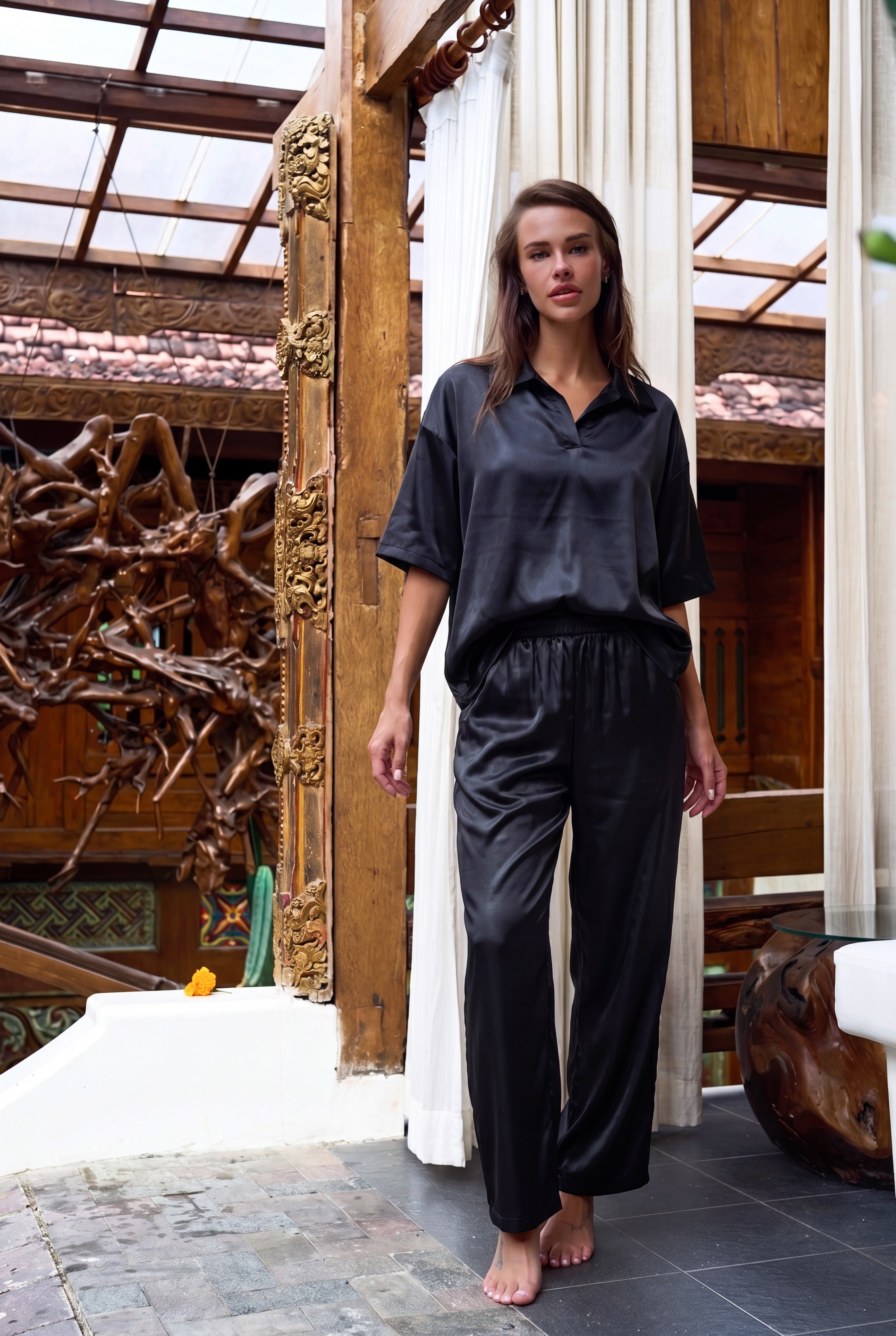 Carrera Satin Camp-Collar Polo — Black Gloss (women)