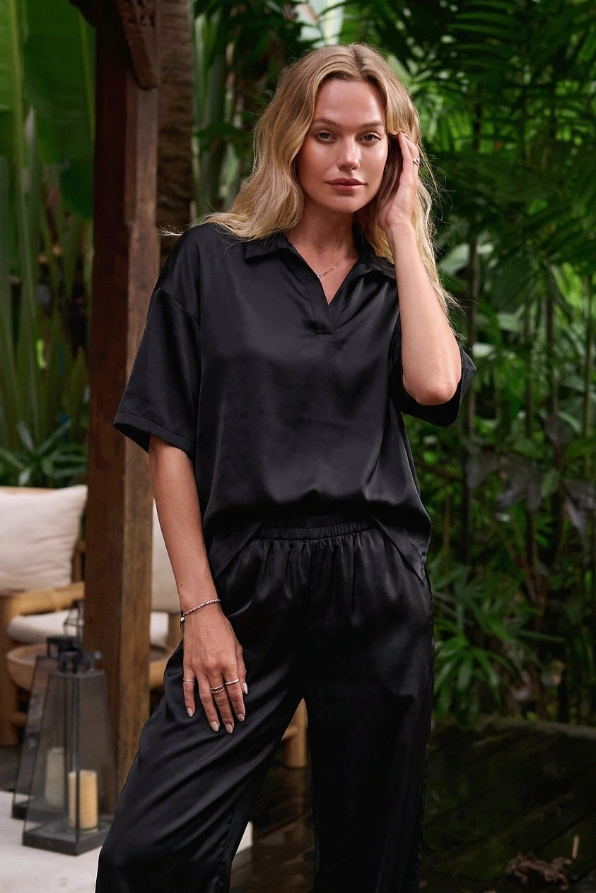 Carrera Satin Camp-Collar Polo — Black Semi (women)