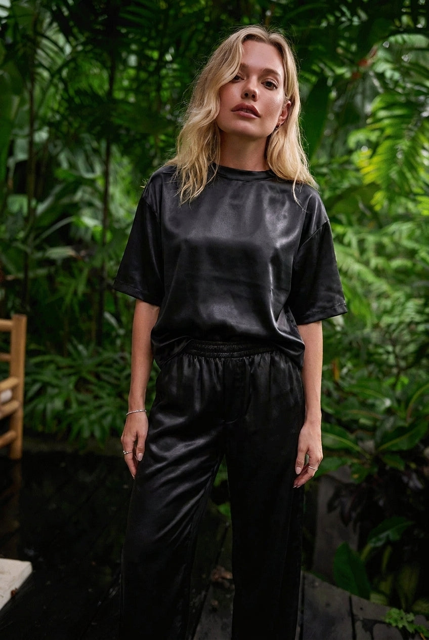 Carrera Satin Boxy Fit T-shirt — Black Gloss (women)