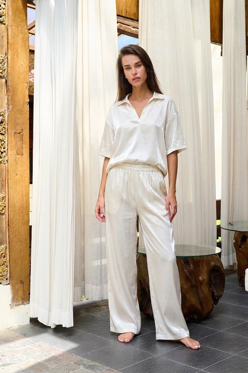 Carrera Satin Boxy Fit V-Neck Polo — Off-White Gloss (women)